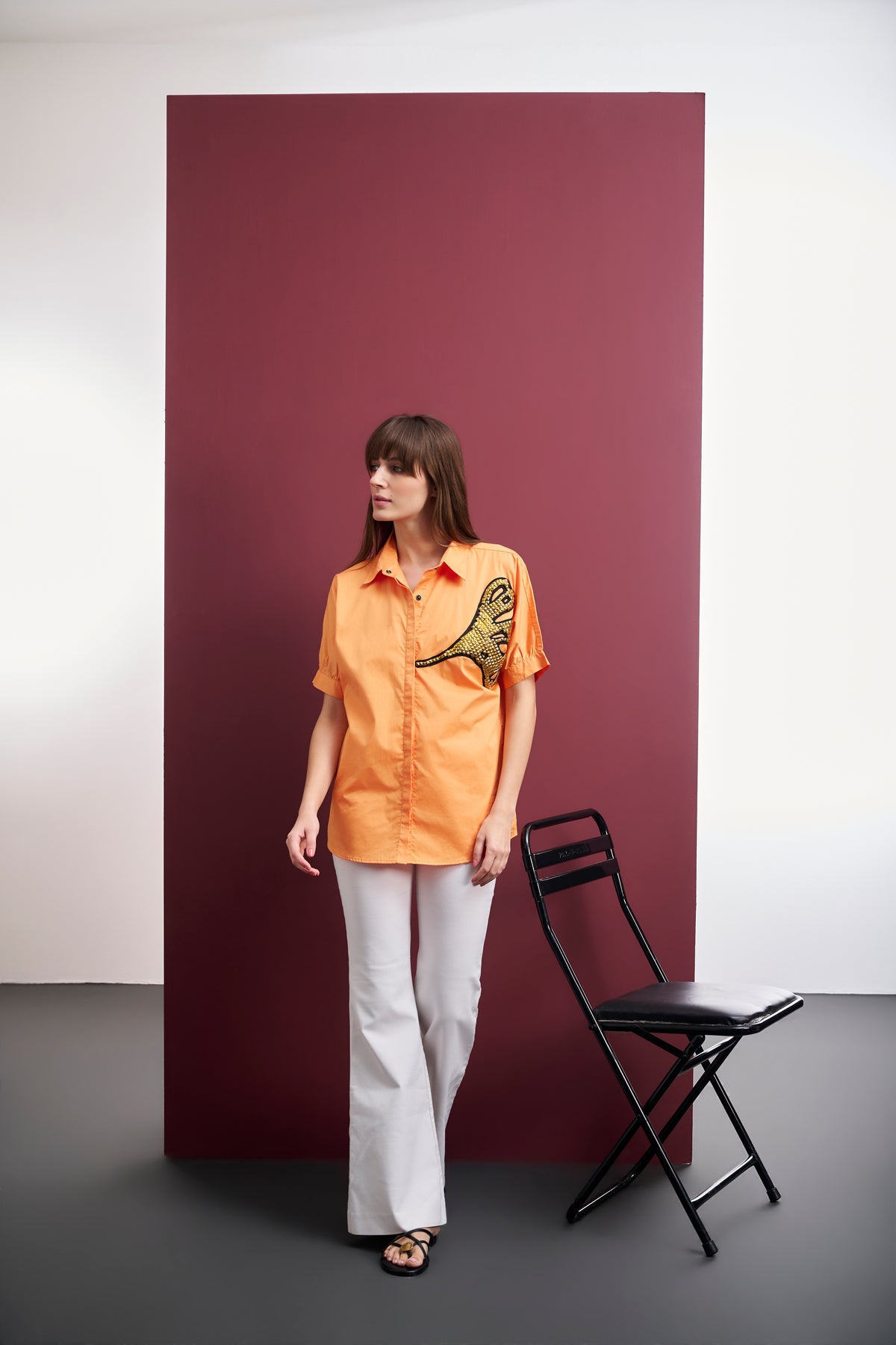 ORANGE KIMONO SLEEVE SHIRT WITH GOLDEN STUDDED LEAF