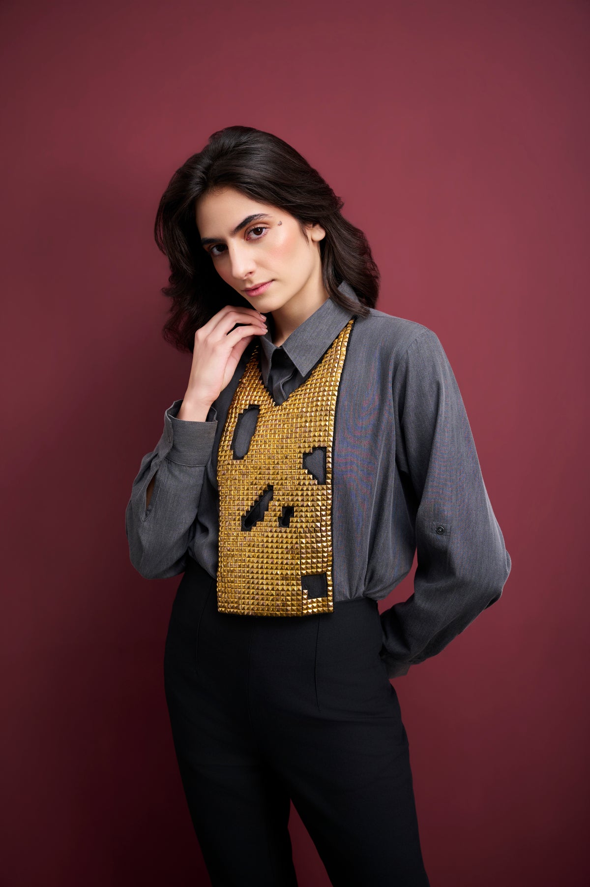 GREY DENIM SHIRT WITH GOLDEN STUDDED NECK ACCESSORY