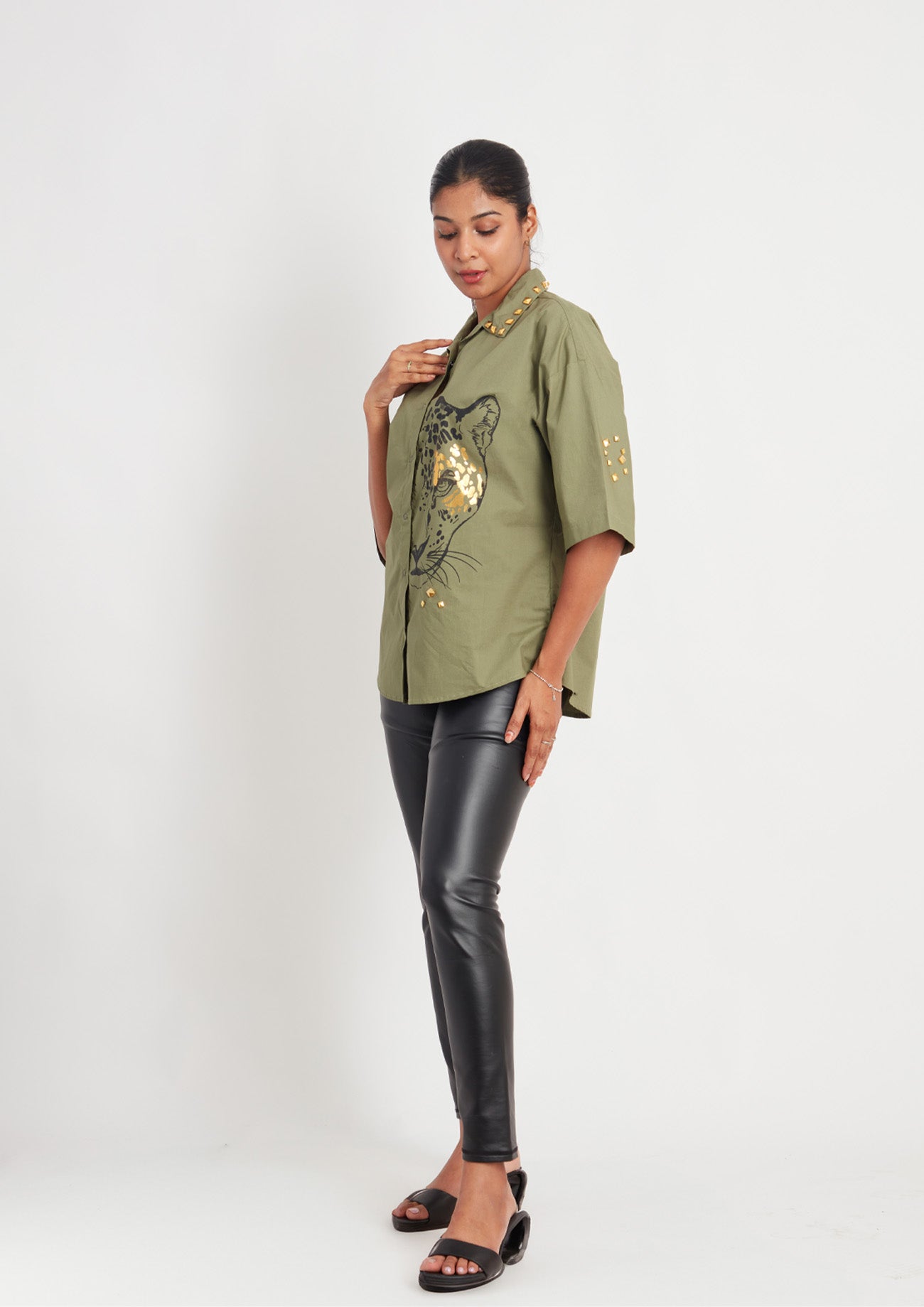 Olive Comfort Fit Cotton Shirt with Foil Print and Studs
