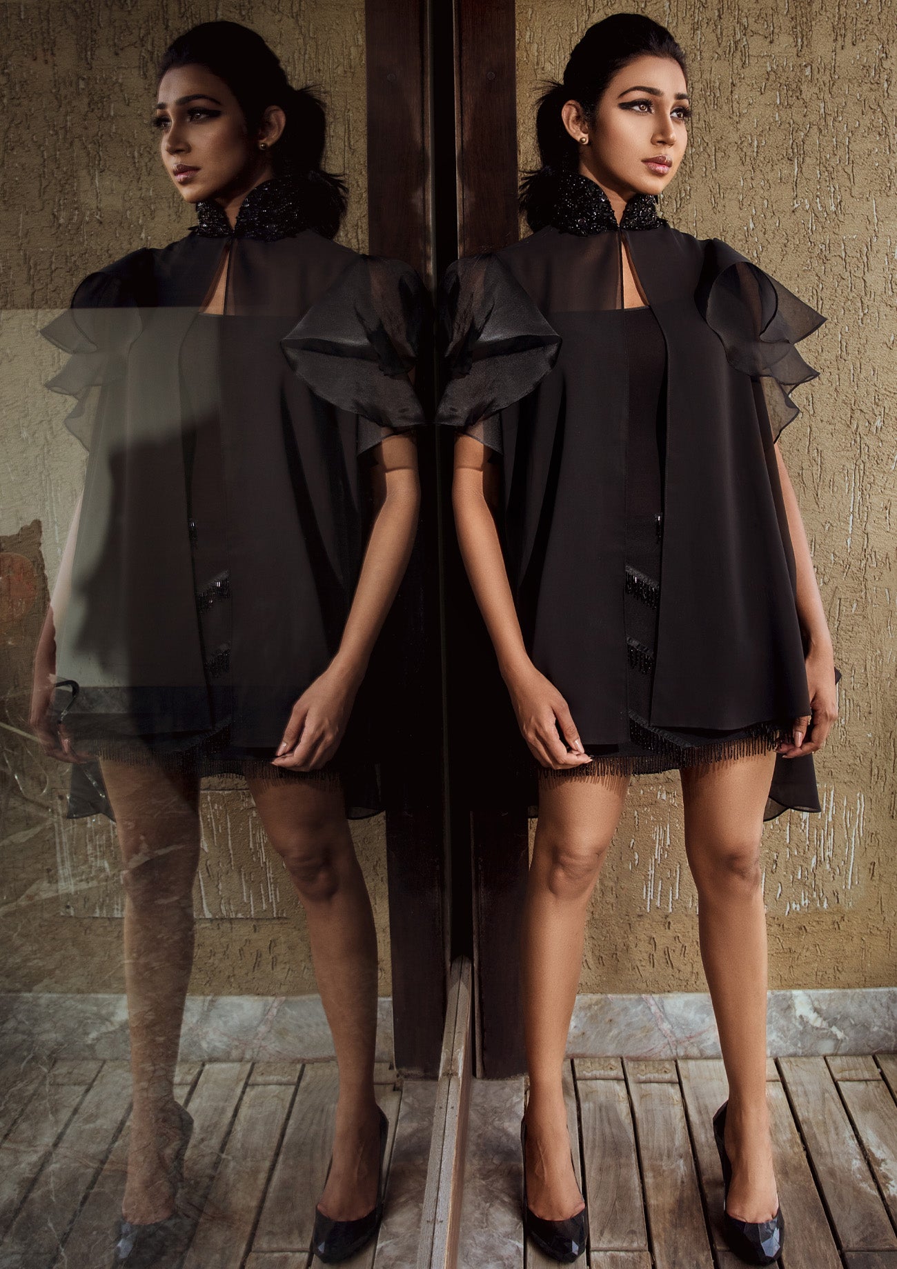 Black Georgette Cape with Organza Flared Sleeves