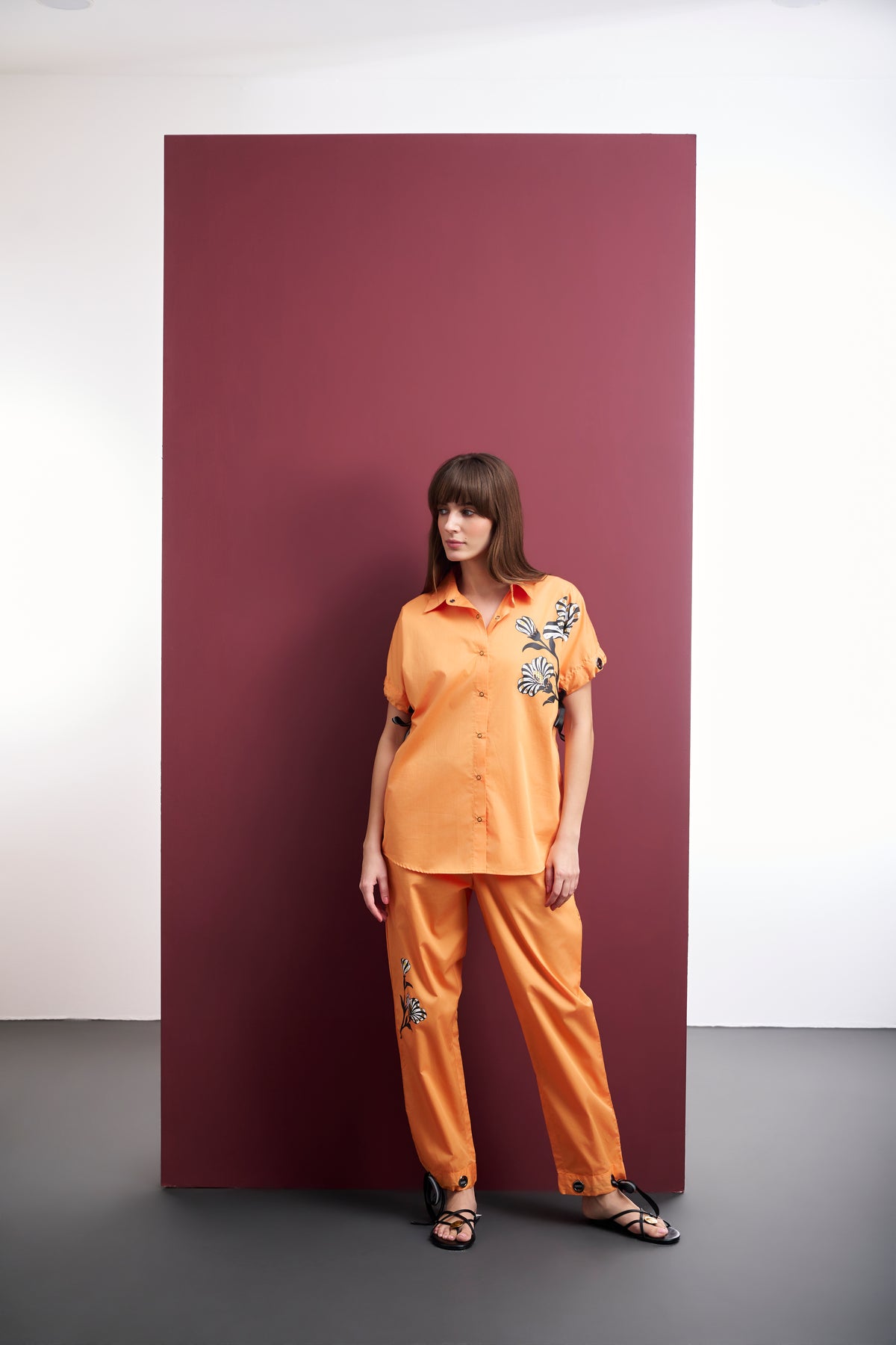 ORANGE COTTON FOIL FLORAL SHIRT & PANT CO-ORD SET