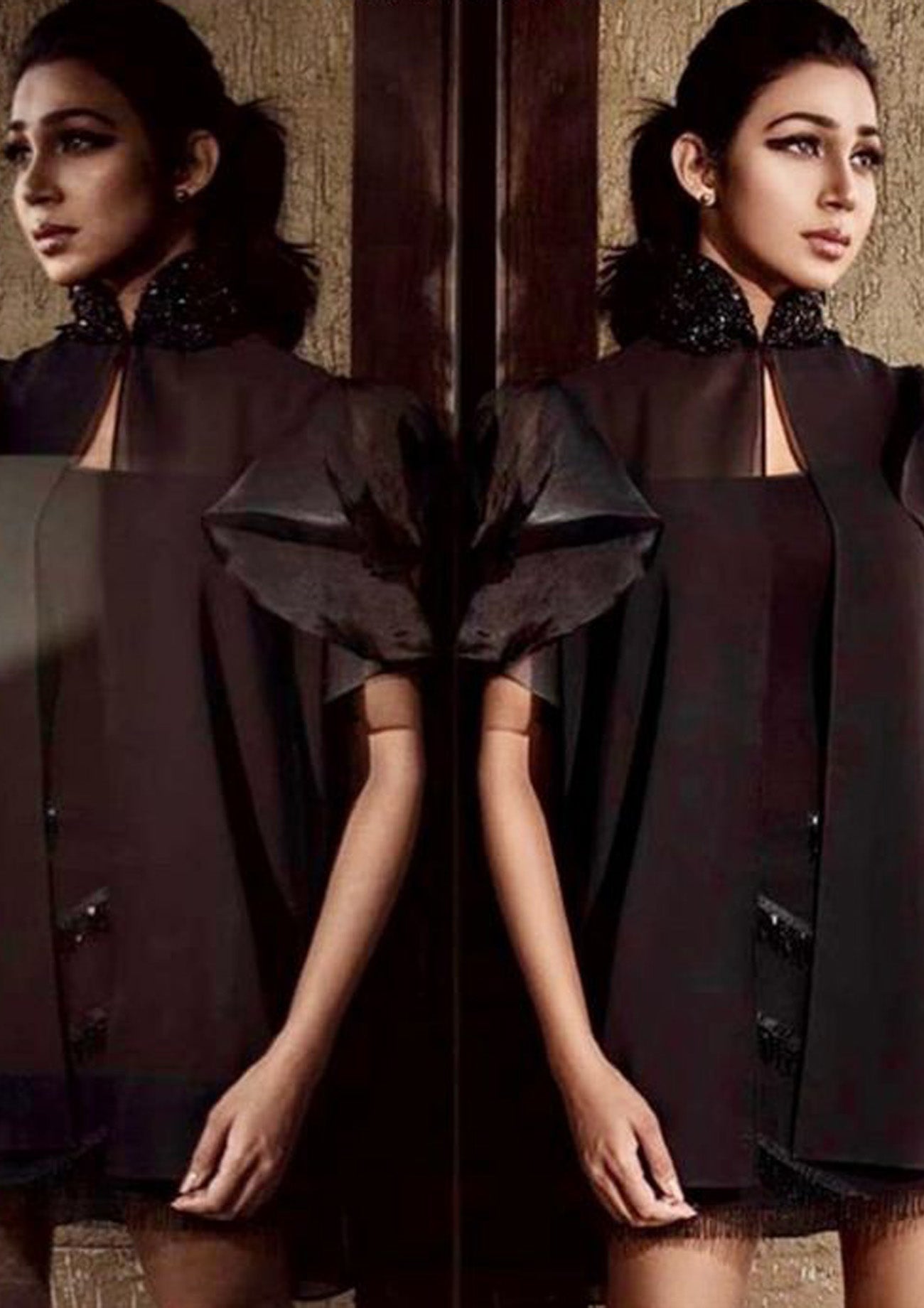 Black Georgette Cape with Organza Flared Sleeves