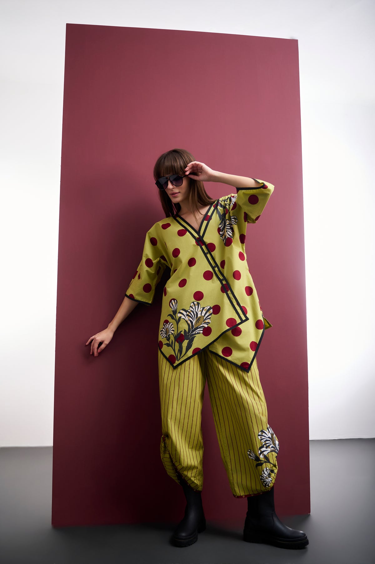 FOIL FLORAL POLKA TOP & STRIPED FLARED PANT CO-ORD SET