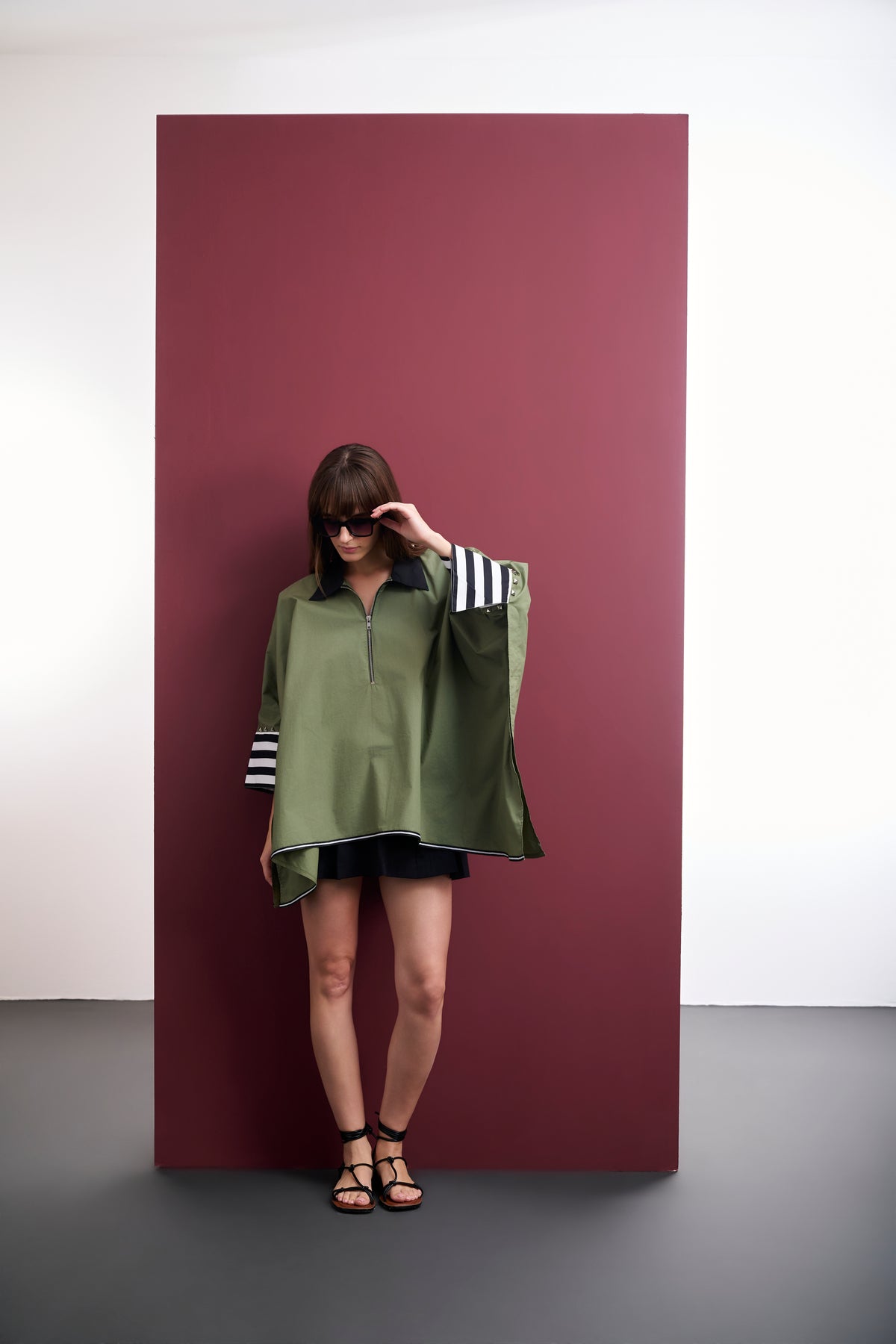 OLIVE PONCHO SHIRT WITH STUDDED STRIPED CUFFS