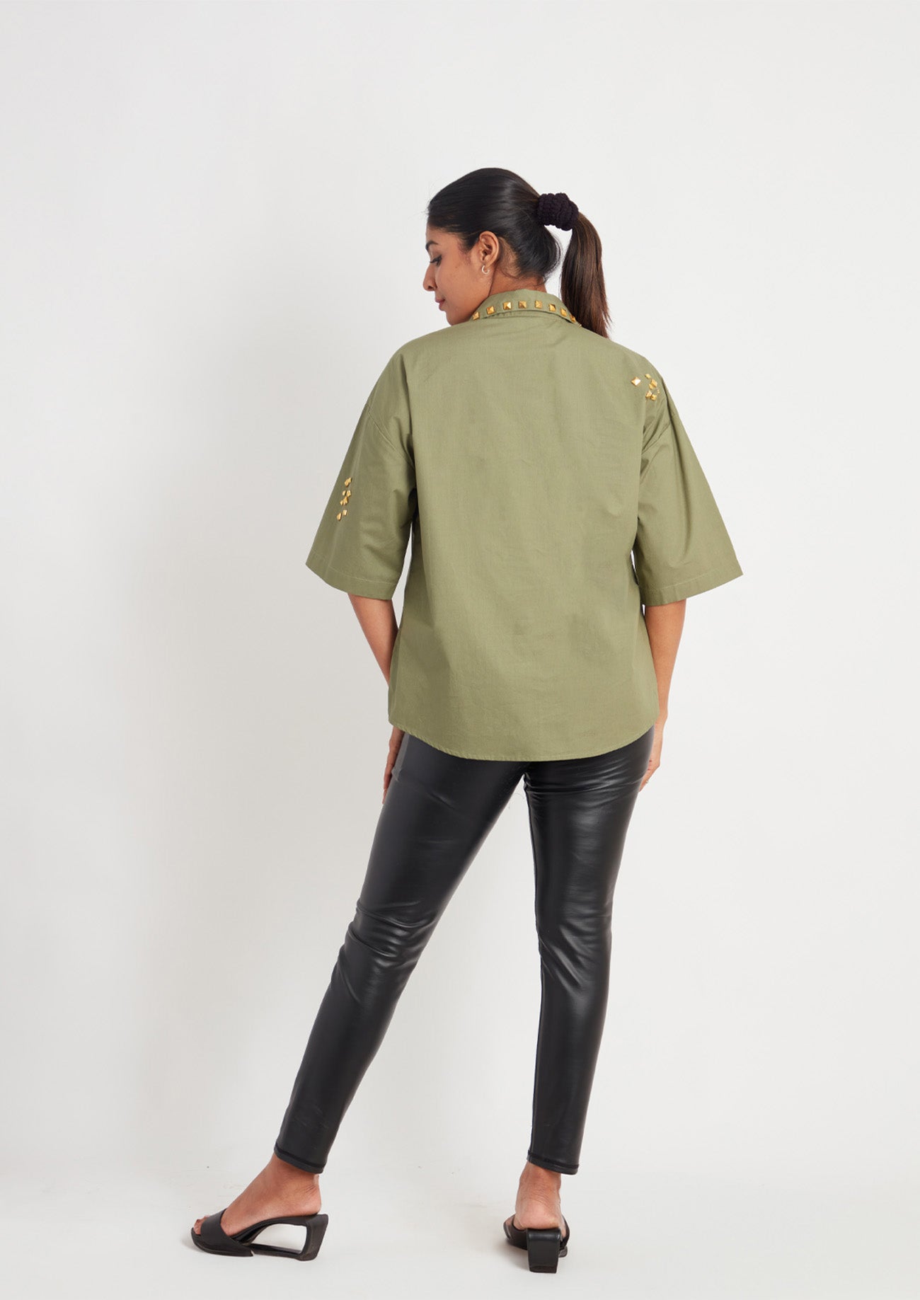 Olive Comfort Fit Cotton Shirt with Foil Print and Studs