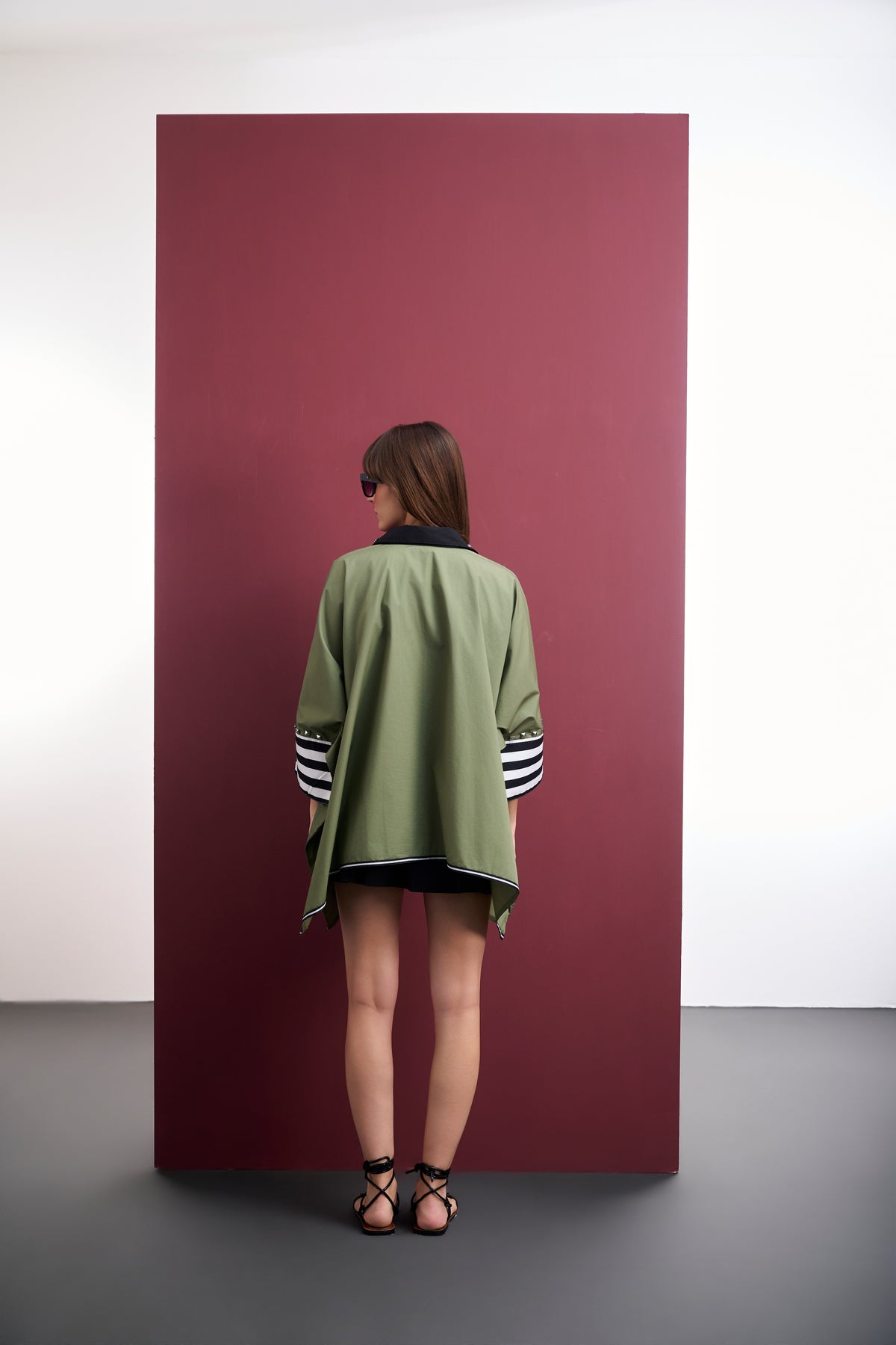 OLIVE PONCHO SHIRT WITH STUDDED STRIPED CUFFS