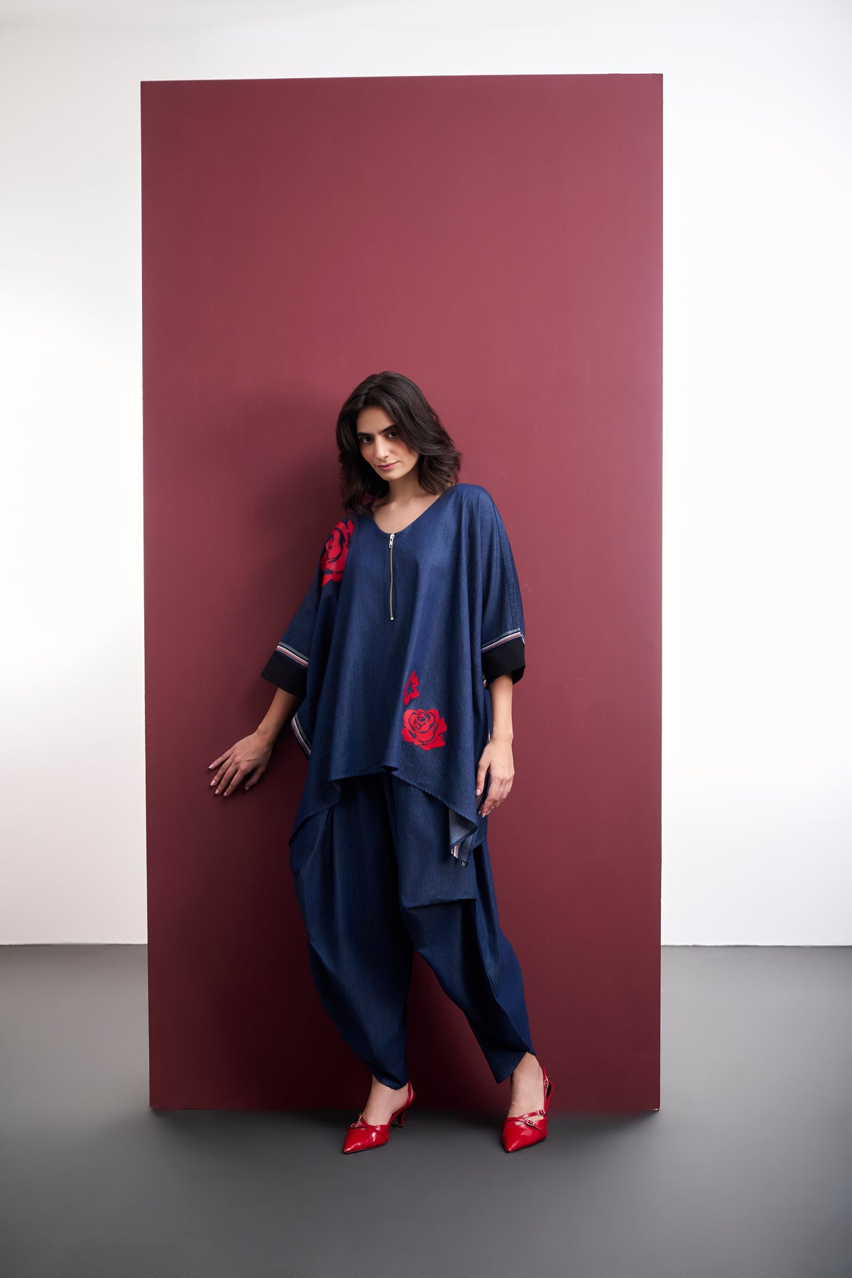 DENIM PONCHO SHIRT & BUTTERFLY PANTS CO-ORD SET
