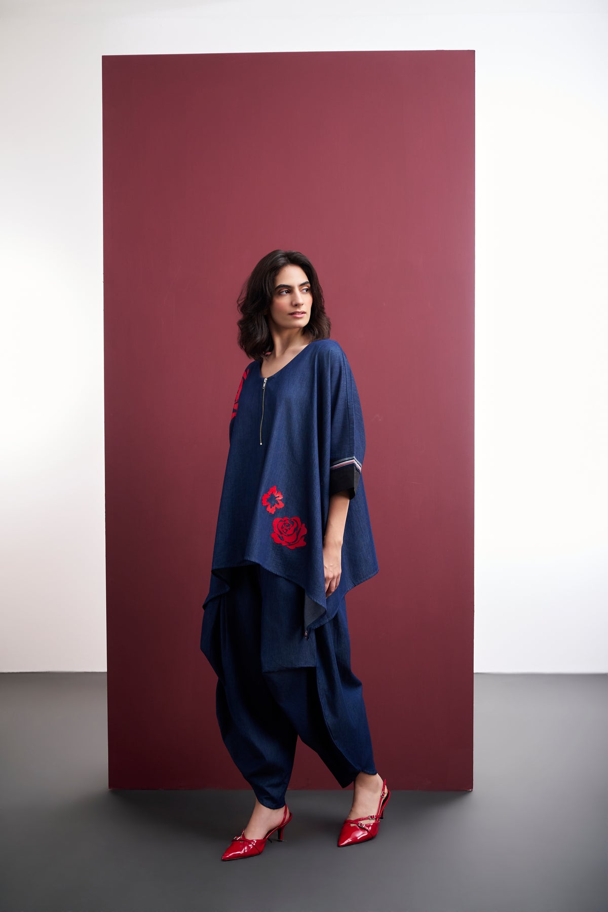 DENIM PONCHO SHIRT & BUTTERFLY PANTS CO-ORD SET