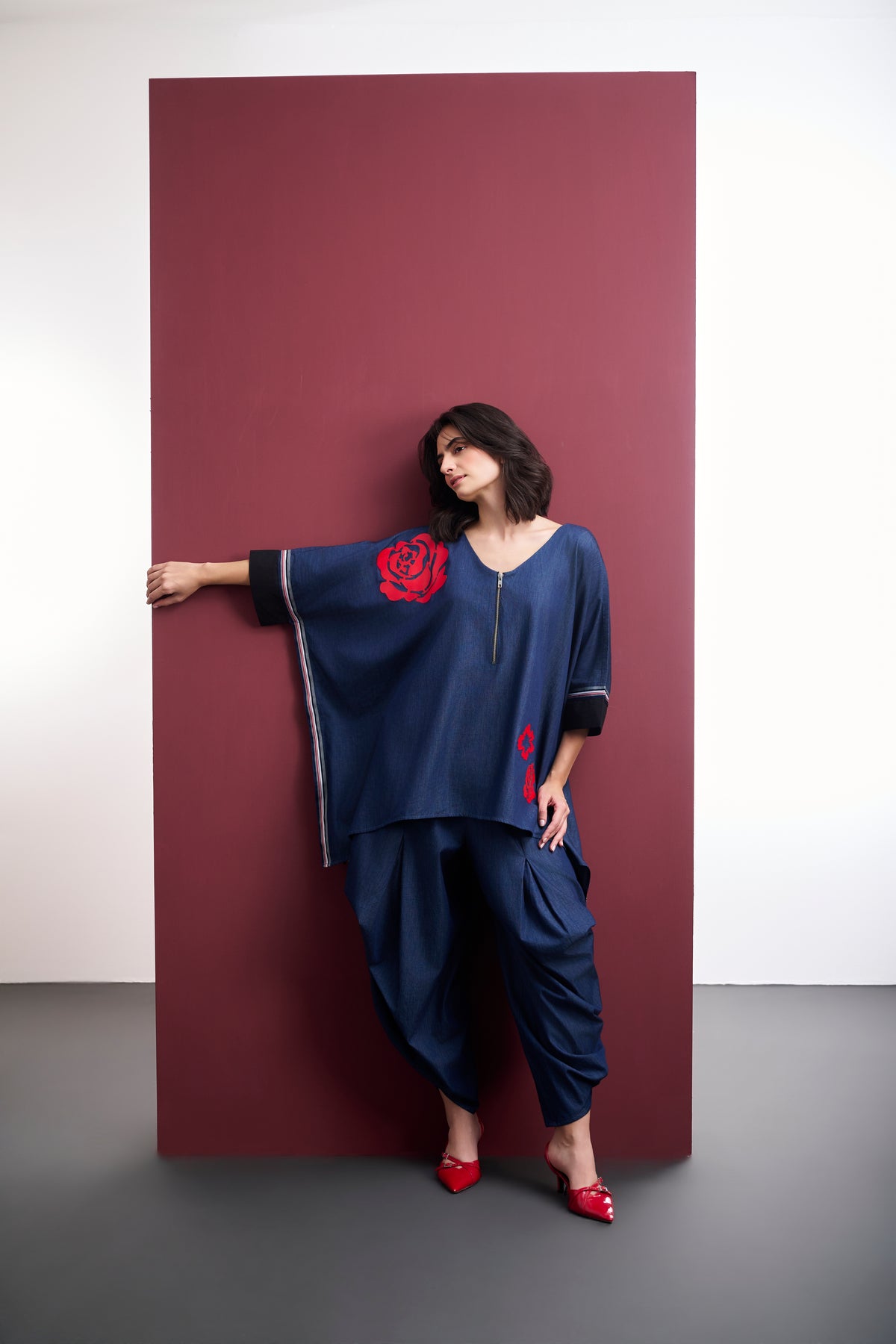 DENIM PONCHO SHIRT & BUTTERFLY PANTS CO-ORD SET