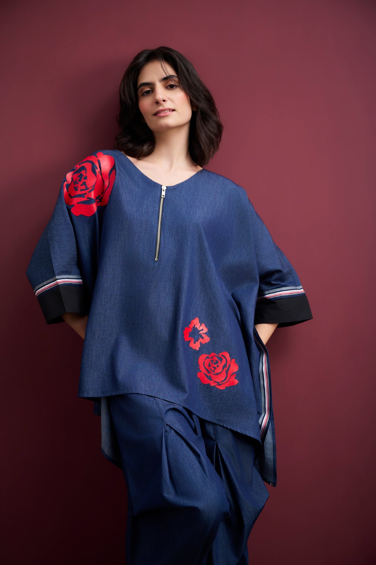 DENIM PONCHO SHIRT & BUTTERFLY PANTS CO-ORD SET