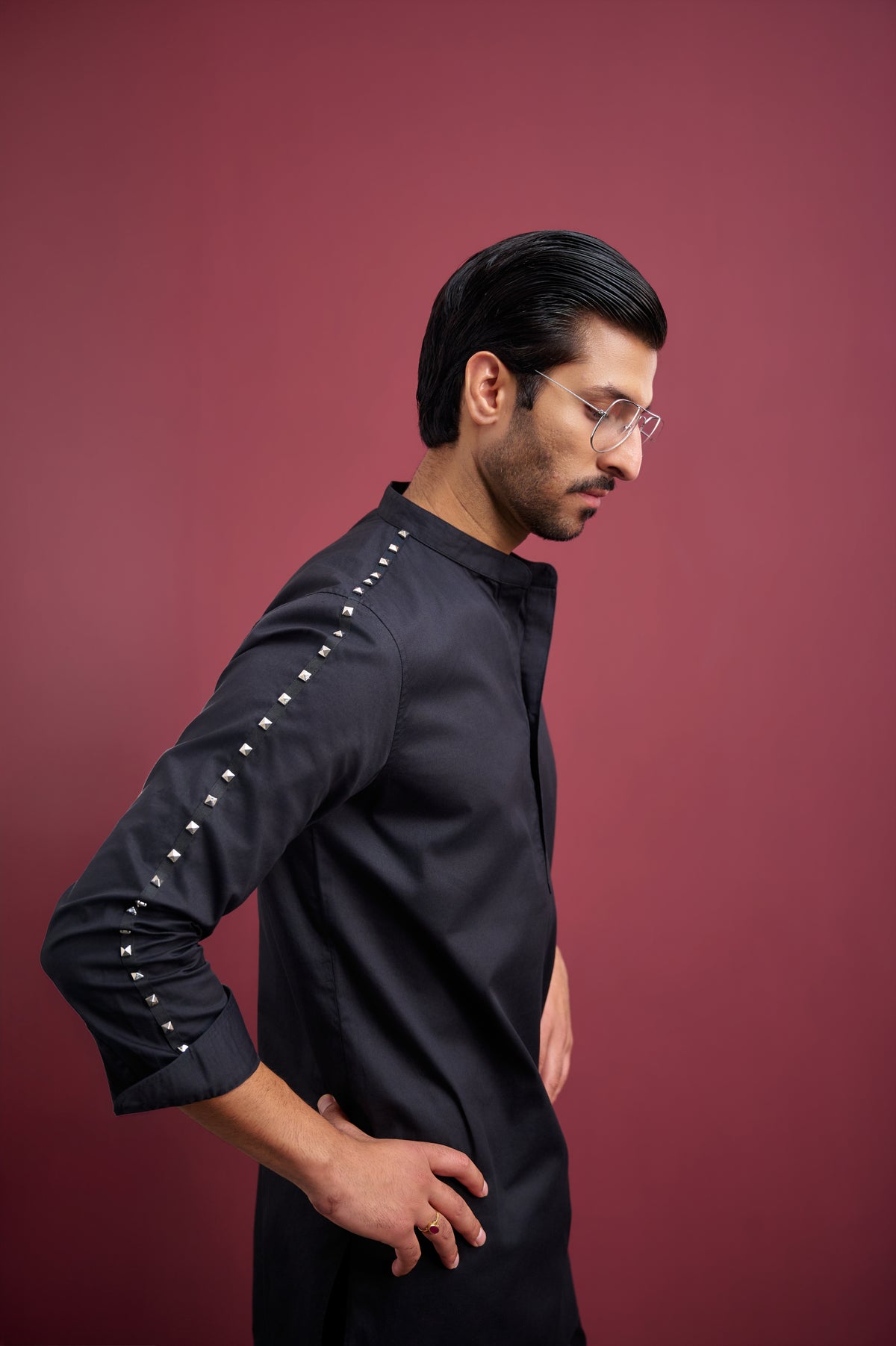 BLACK COTTON KURTA WITH STUD WORK