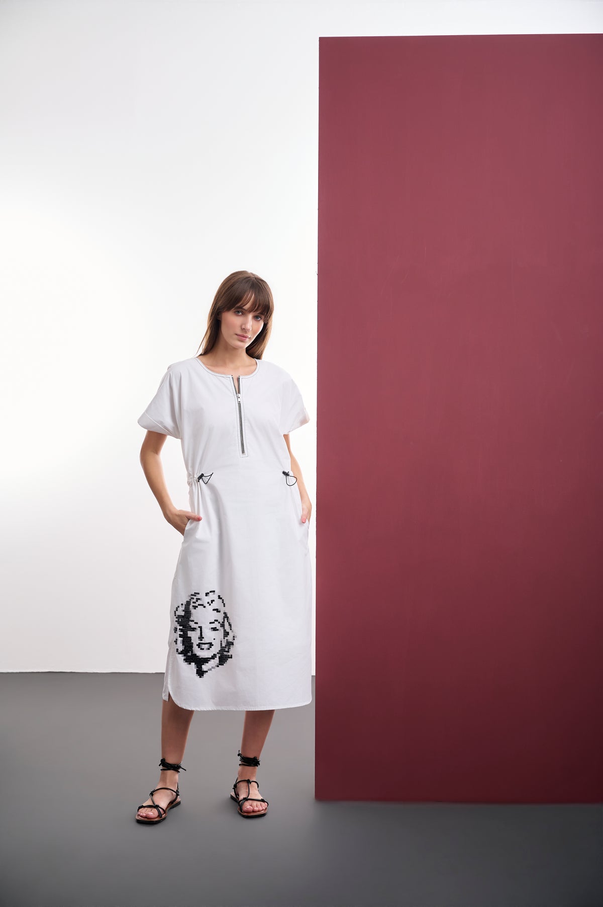 WHITE COTTON MIDI DRESS WITH MARILYN MONROE SEQUIN EMBROIDERY