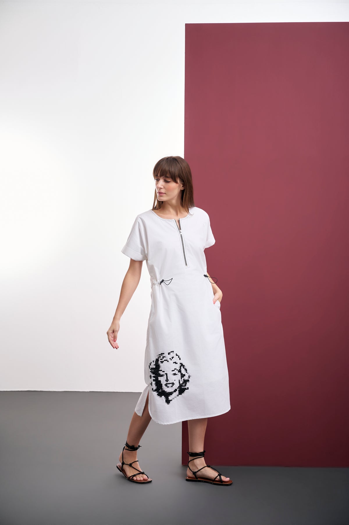 WHITE COTTON MIDI DRESS WITH MARILYN MONROE SEQUIN EMBROIDERY