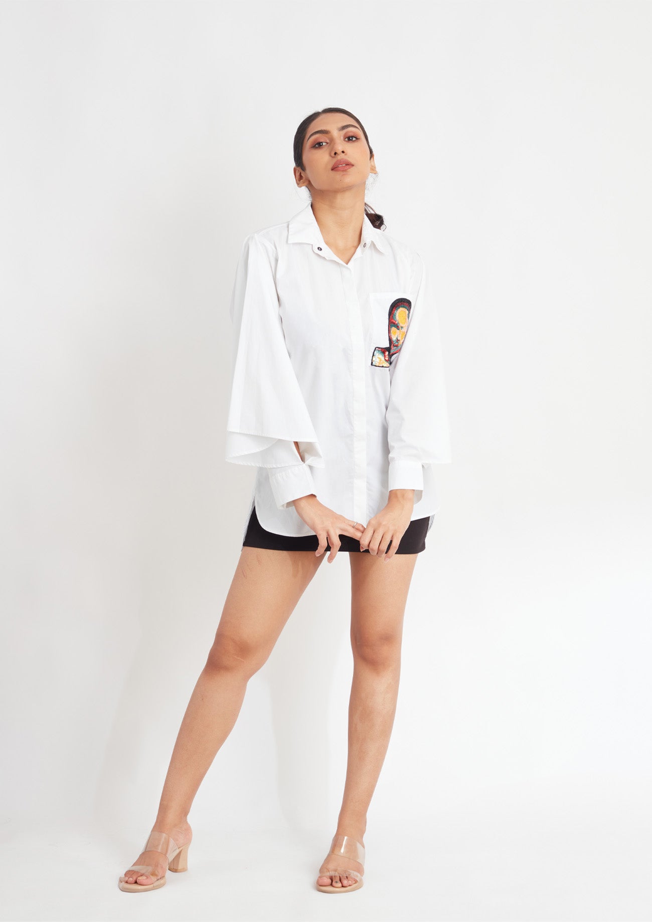 White Comfort Fit Cotton Shirt with Pockets and Cape Sleeves