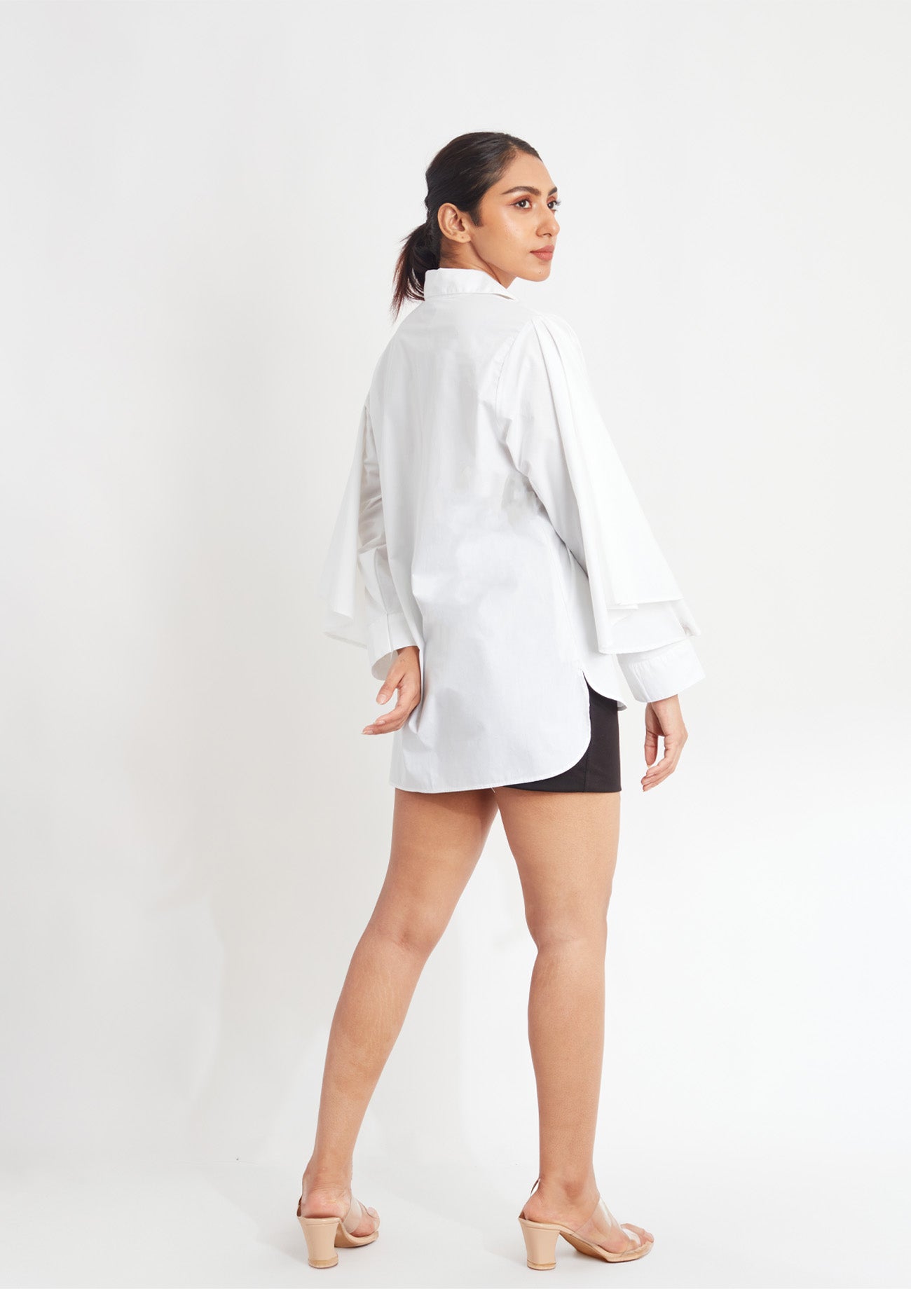 White Comfort Fit Cotton Shirt with Pockets and Cape Sleeves