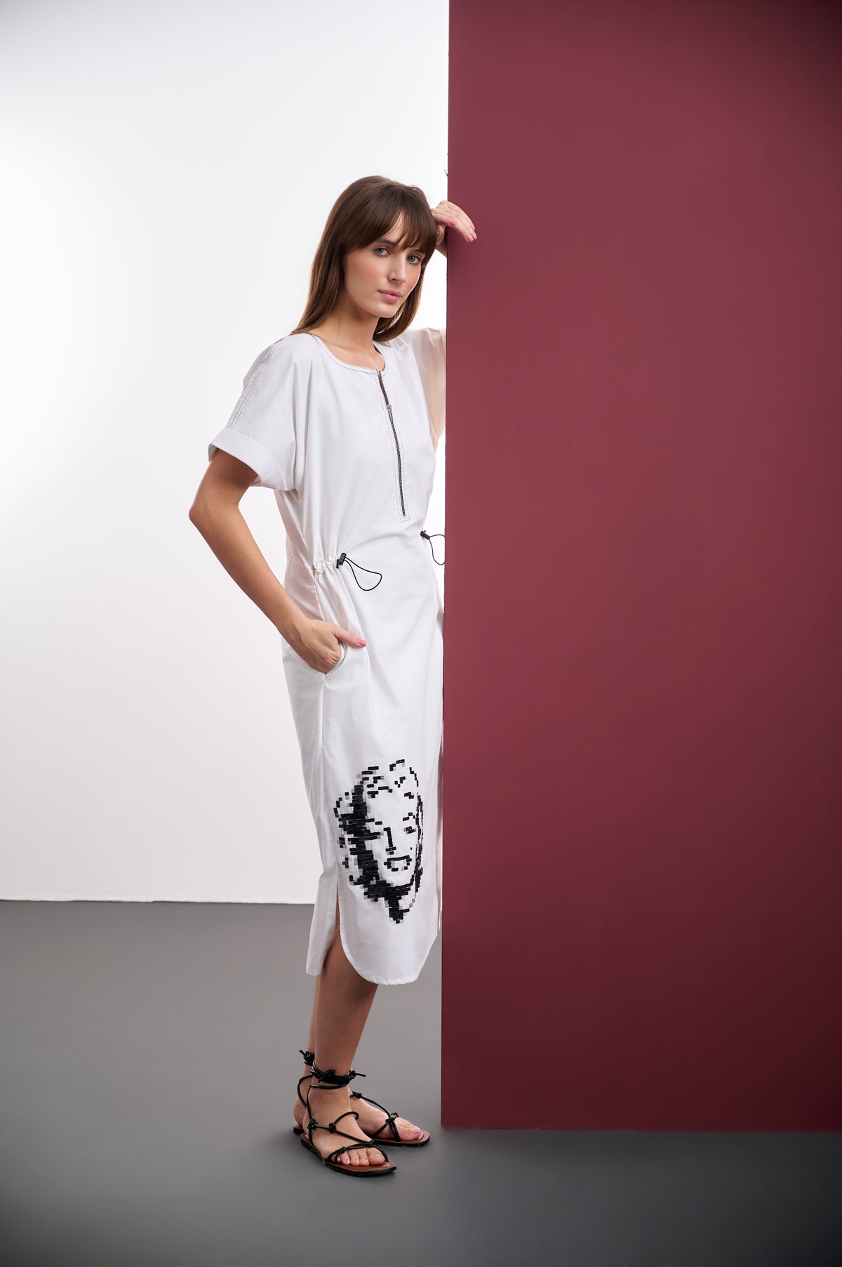 WHITE COTTON MIDI DRESS WITH MARILYN MONROE SEQUIN EMBROIDERY