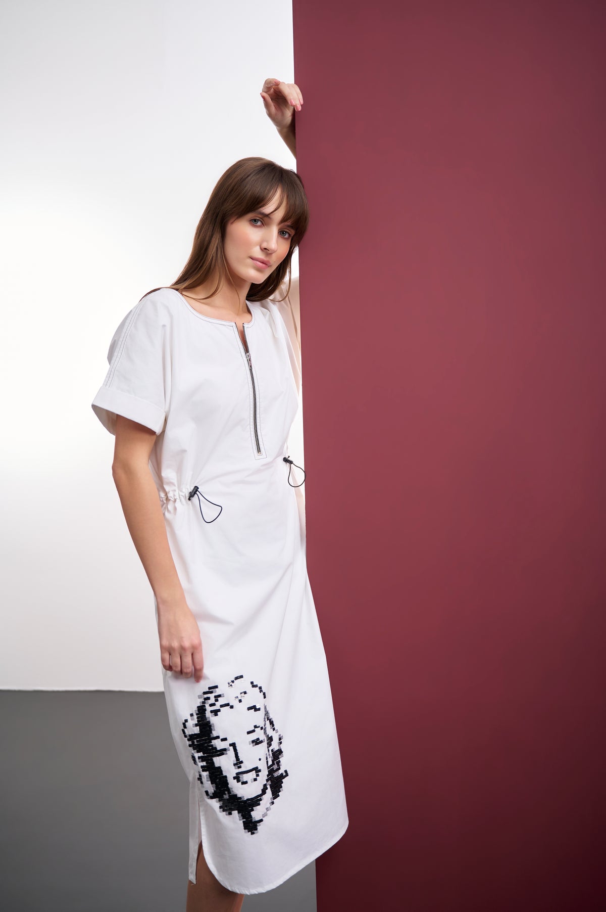 WHITE COTTON MIDI DRESS WITH MARILYN MONROE SEQUIN EMBROIDERY