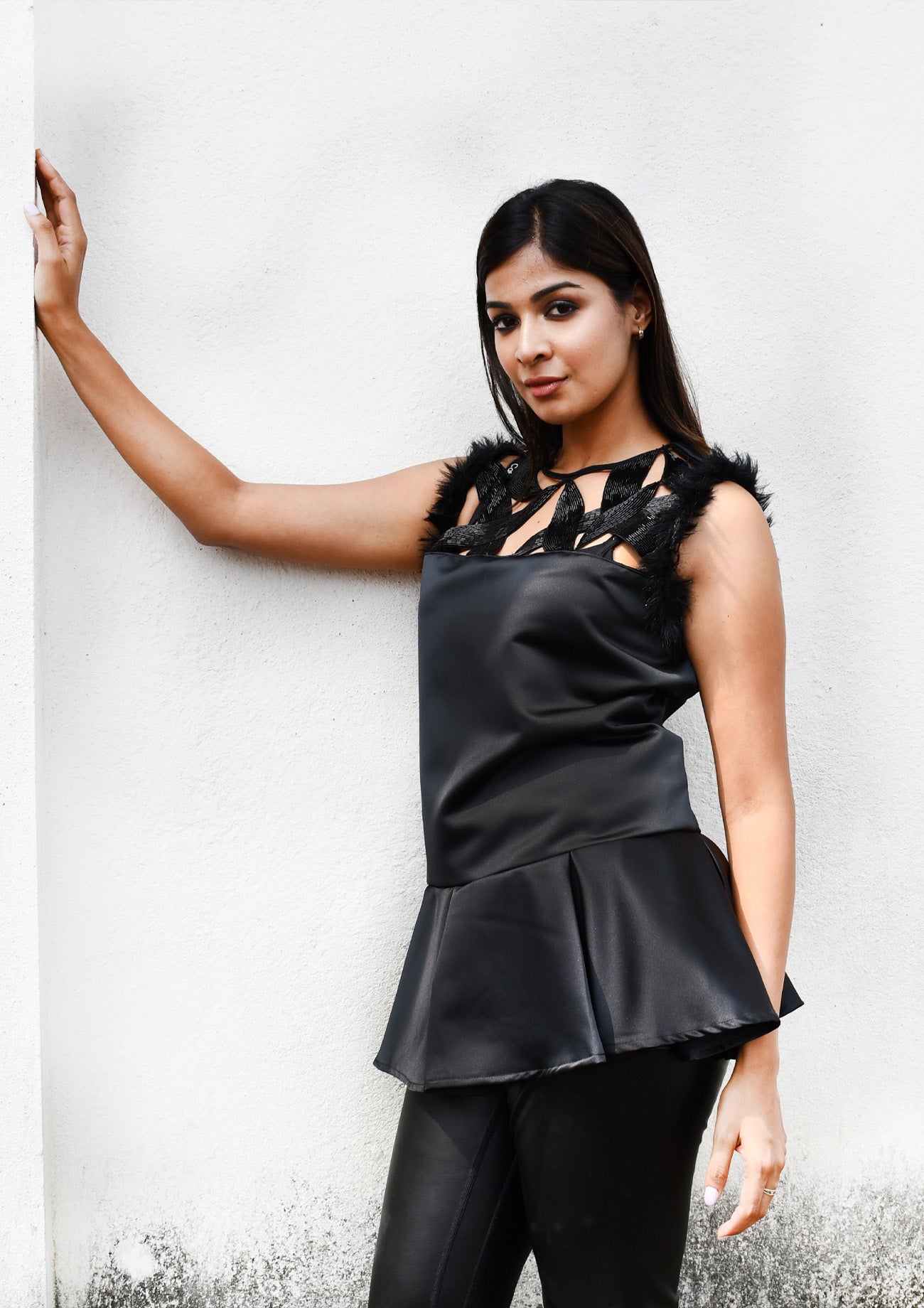 Black Satin Top with Cutwork