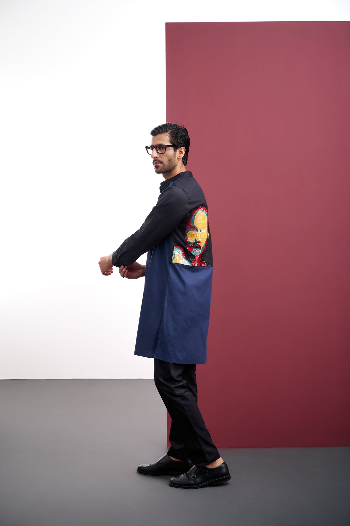 NAVY & BLACK KURTA WITH SEQUIN FACE EMBROIDERY
