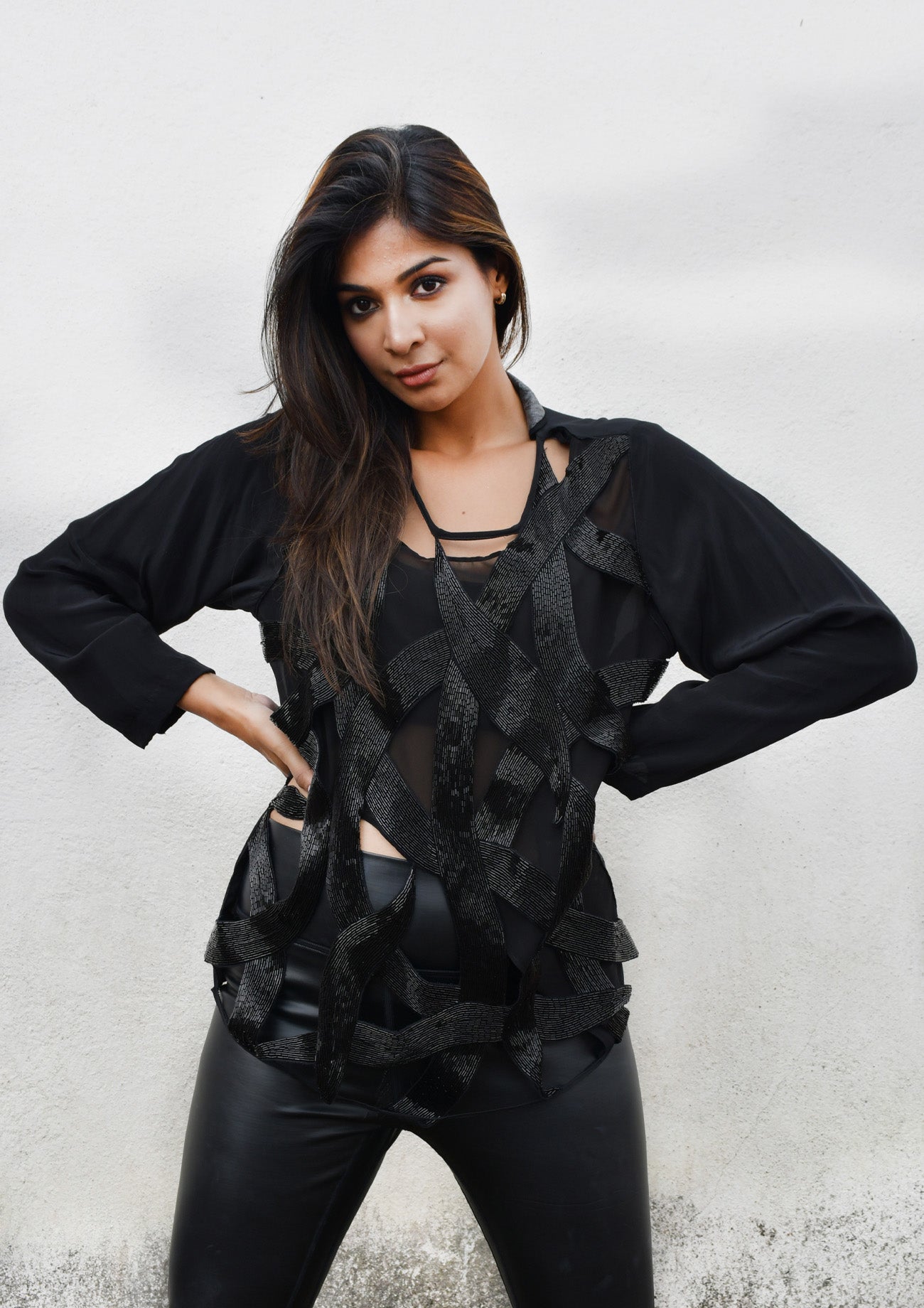 Black Georgette Top with Beaded Cutwork