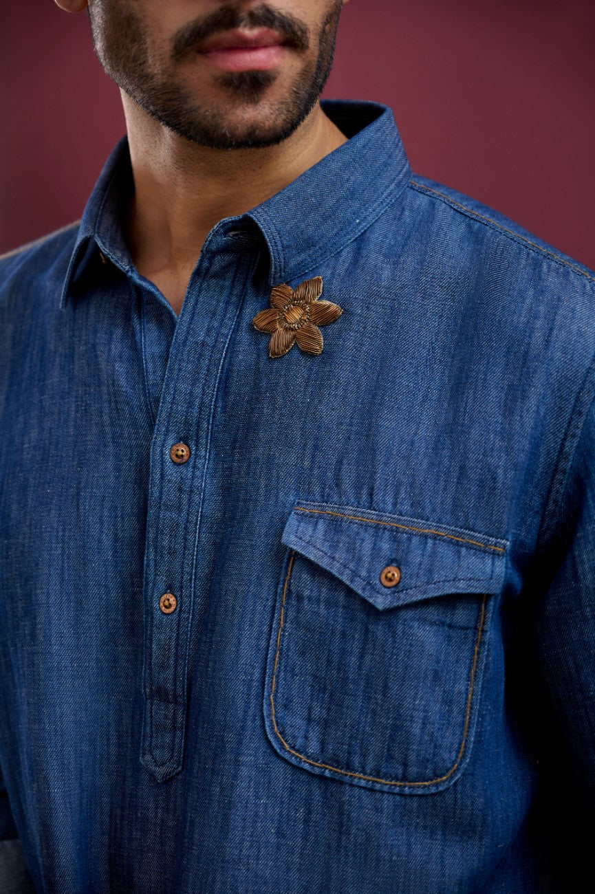 DENIM LINEN KURTA WITH ZARDOSI EMBROIDERY