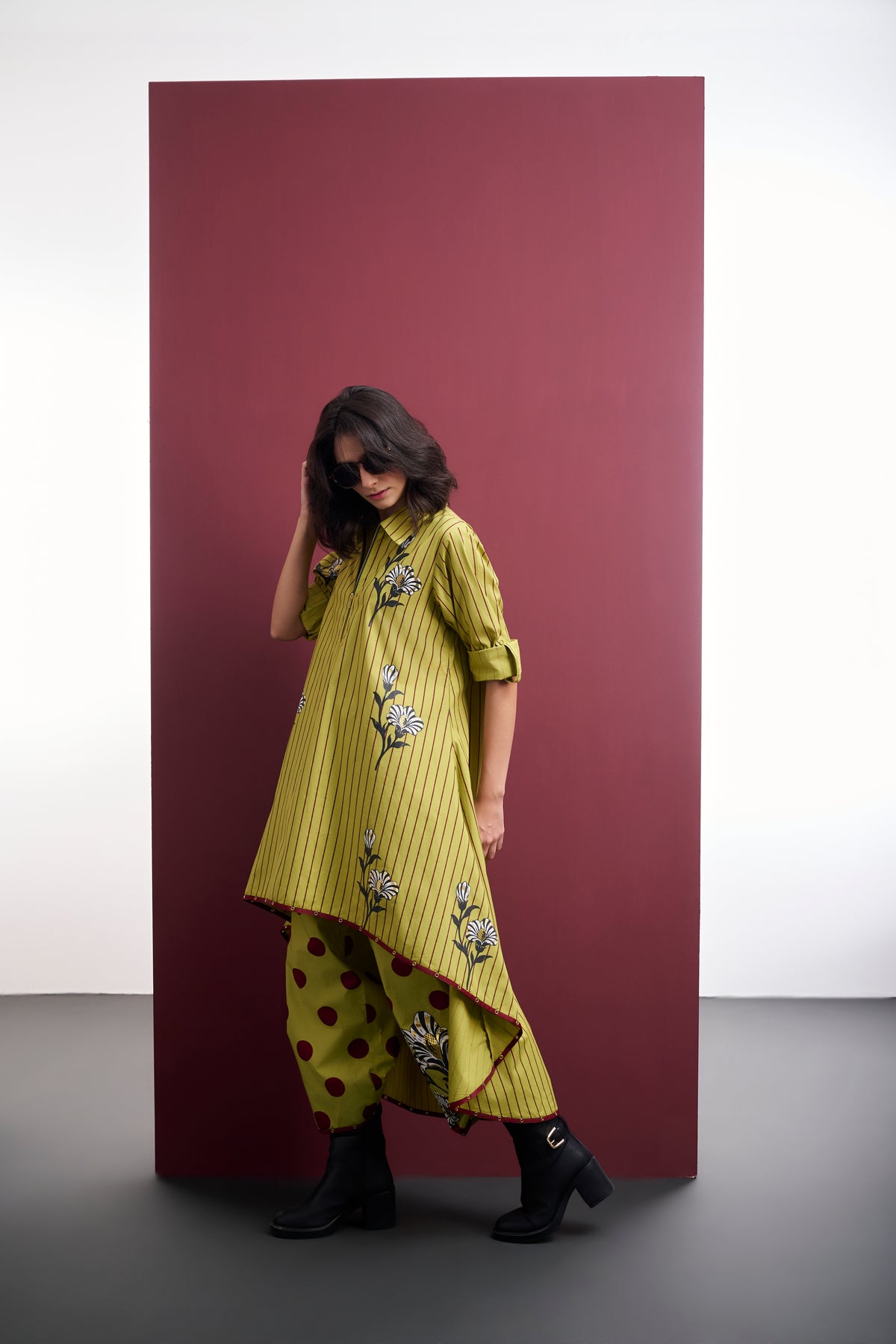 STRIPED HIGH-LOW TUNIC & POLKA FLARED PANT CO-ORD SET