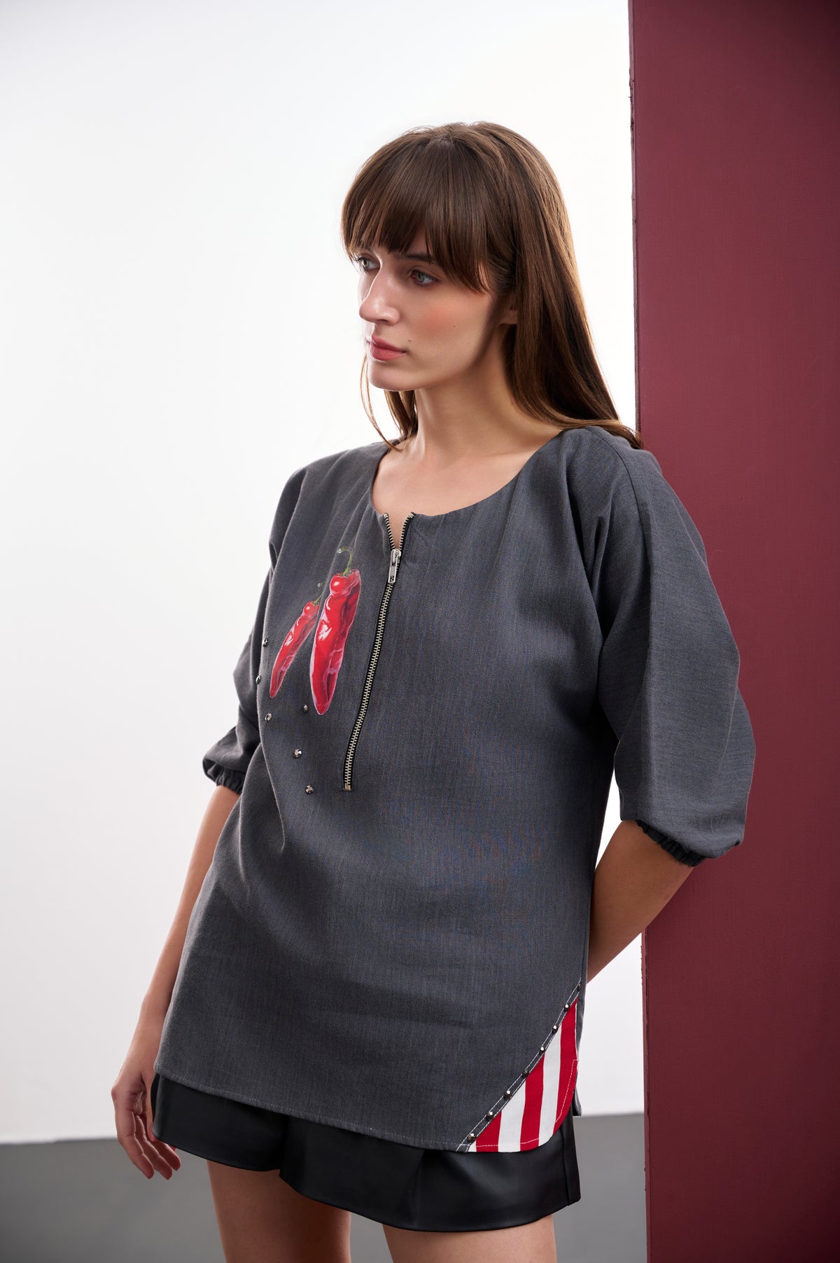 GREY DENIM HALF-ZIP SHIRT WITH RED CHILLI MOTIF