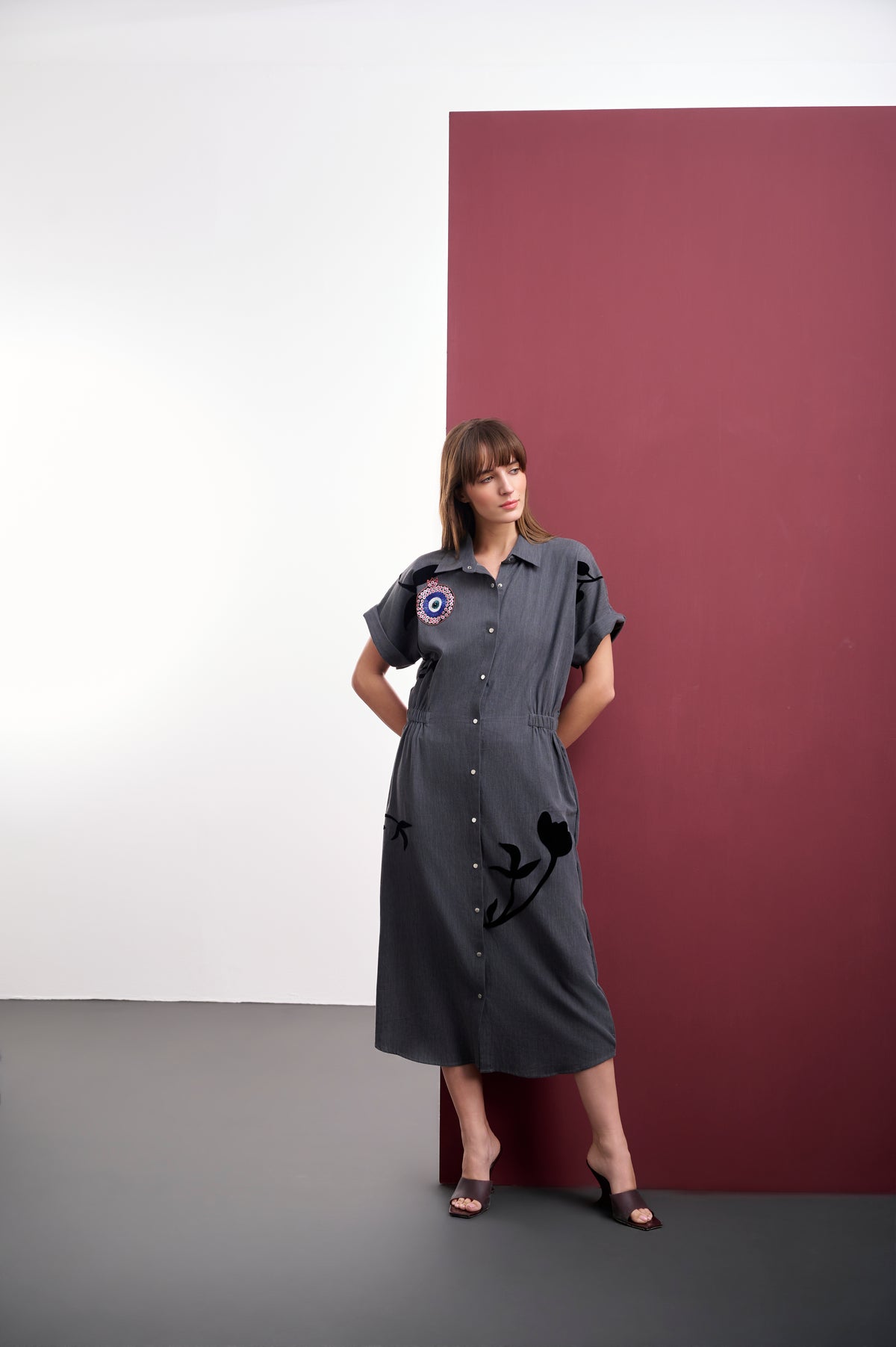 GREY DENIM MIDI DRESS WITH EVIL-EYE POMEGRANATE ARTWORK