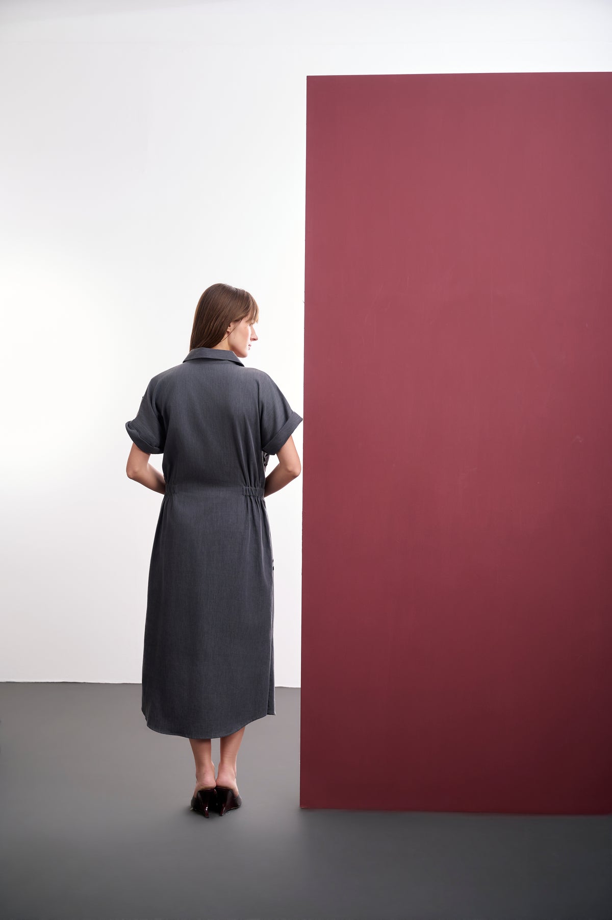 GREY DENIM MIDI DRESS WITH EVIL-EYE POMEGRANATE ARTWORK