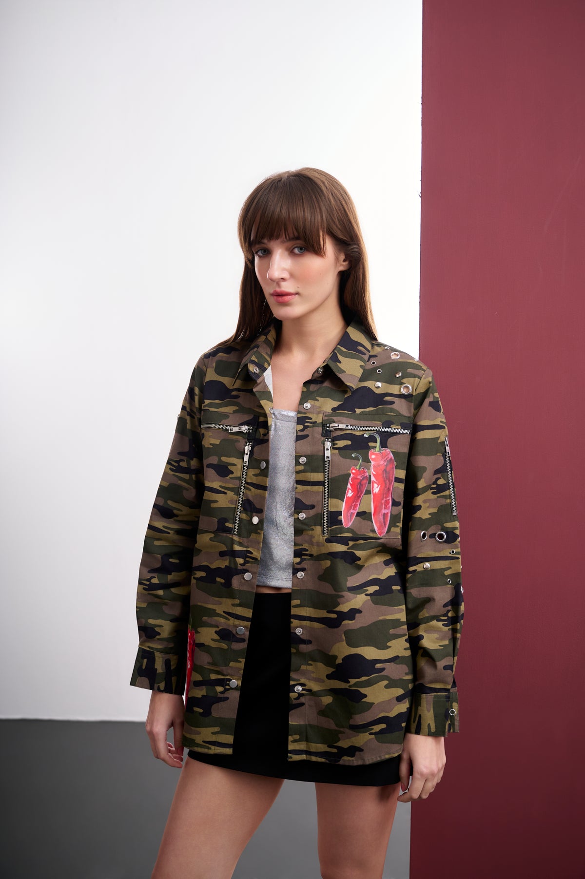 CAMO COTTON UTILITY SHACKET WITH RED CHILLI PRINT