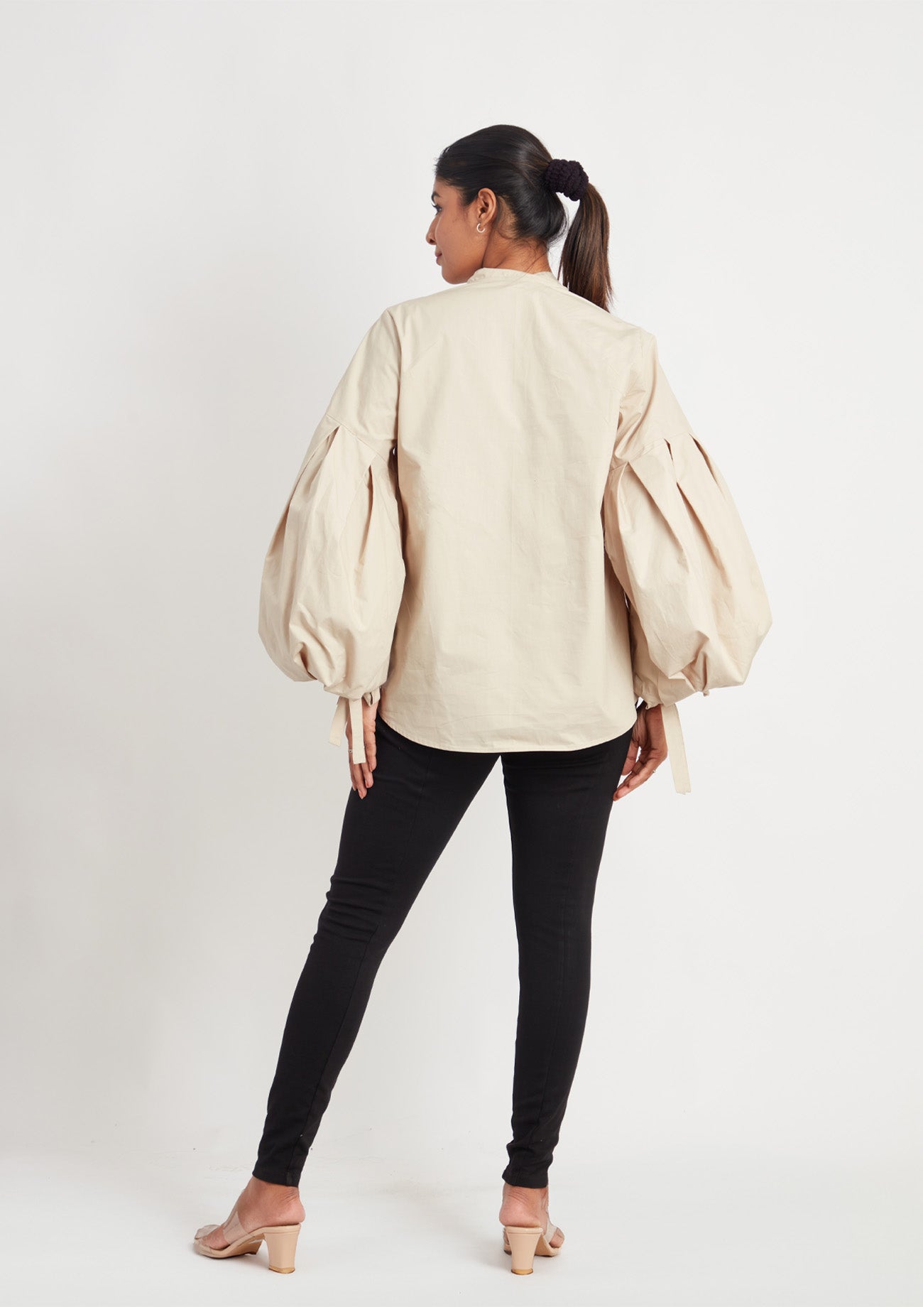 Beige Comfort Fit Cotton Shirt with Balloon Sleeves
