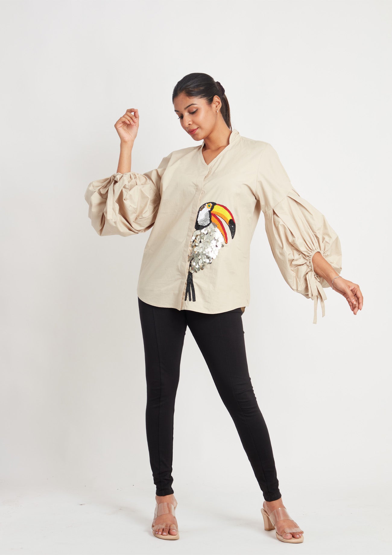 Beige Comfort Fit Cotton Shirt with Balloon Sleeves