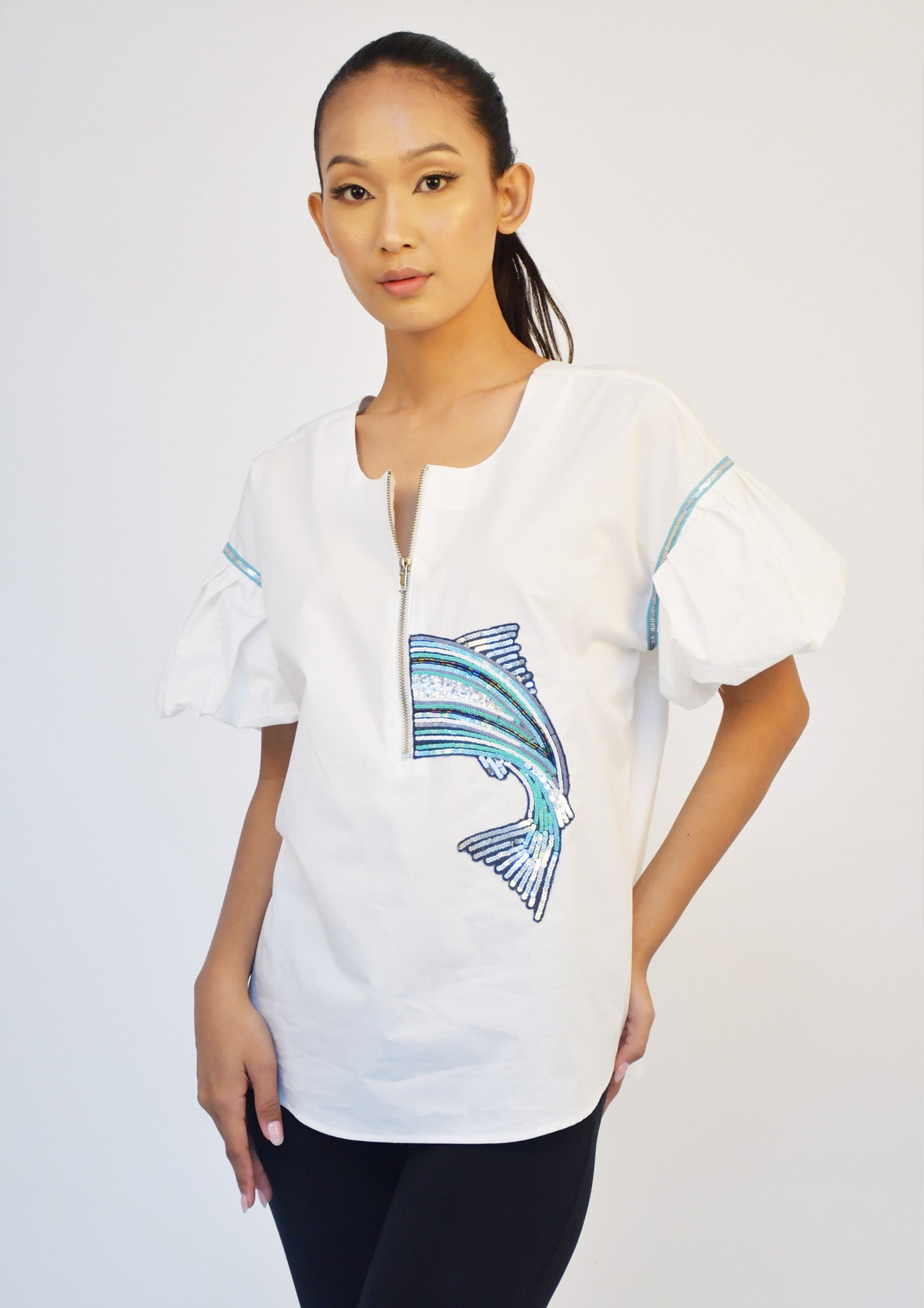 White Top with Aqua Tone Embroidery