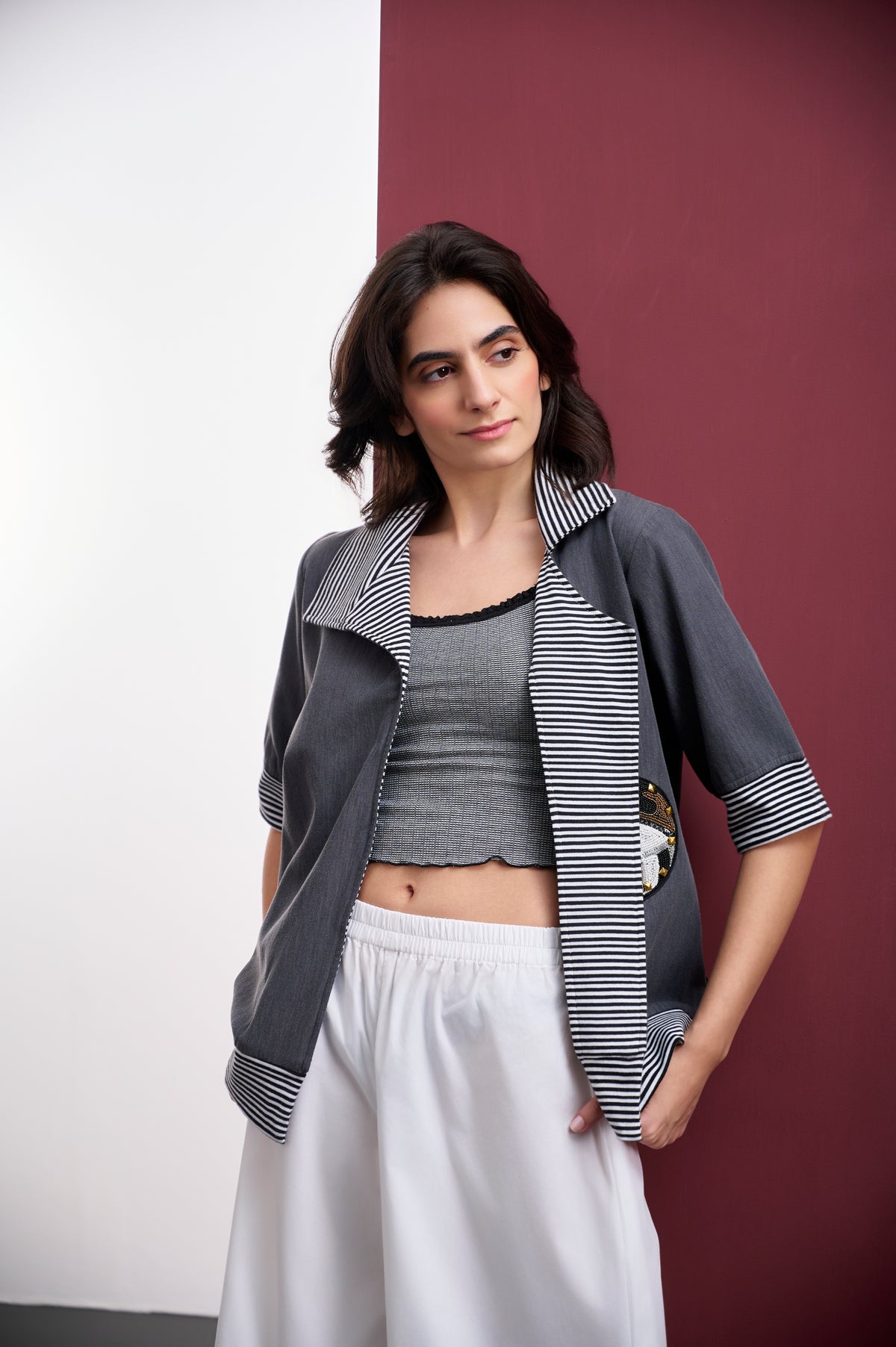 GREY DENIM OPEN JACKET WITH SEQUIN EVIL EYE MOTIF
