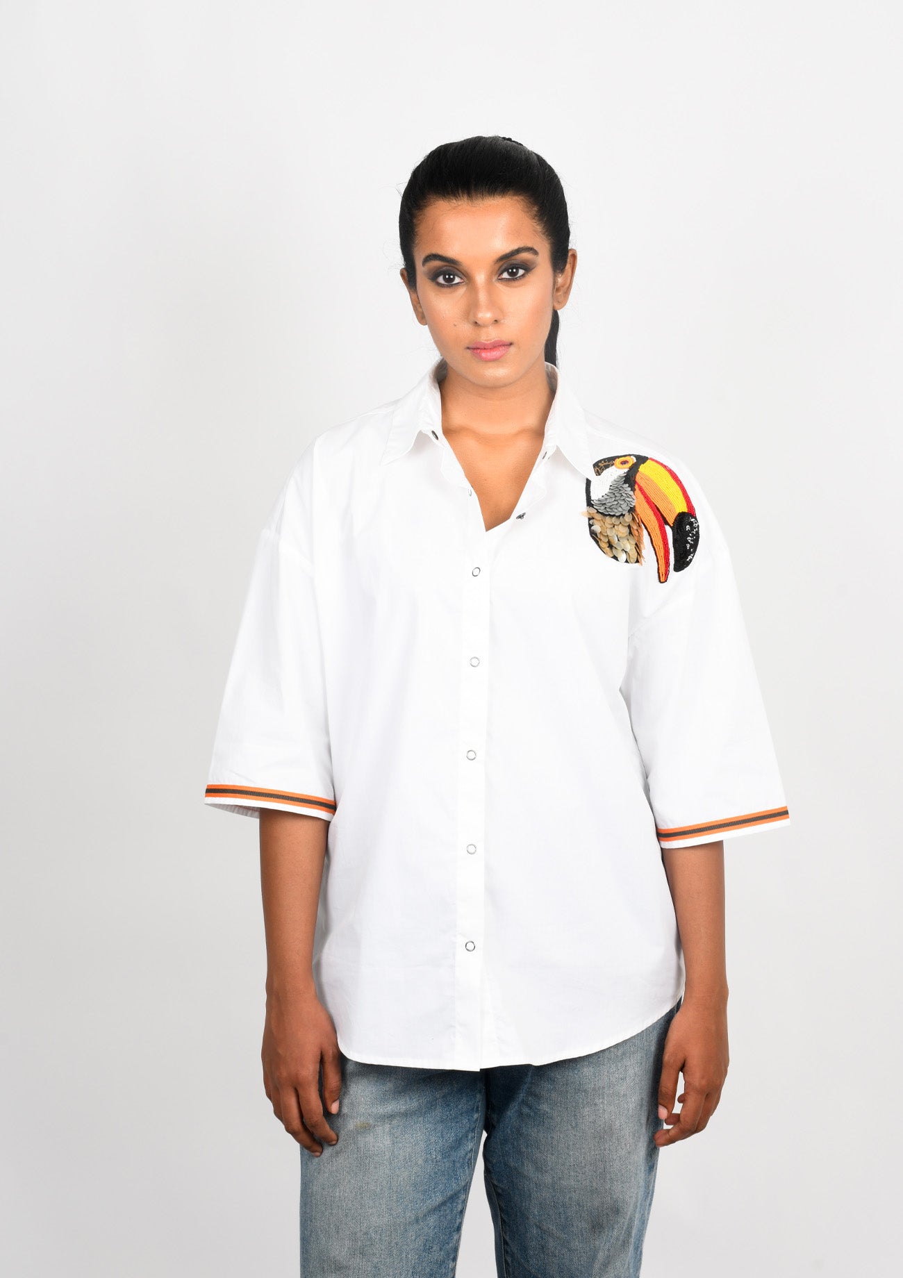 White Oversize Shirt with Toucan Bird Embroidery