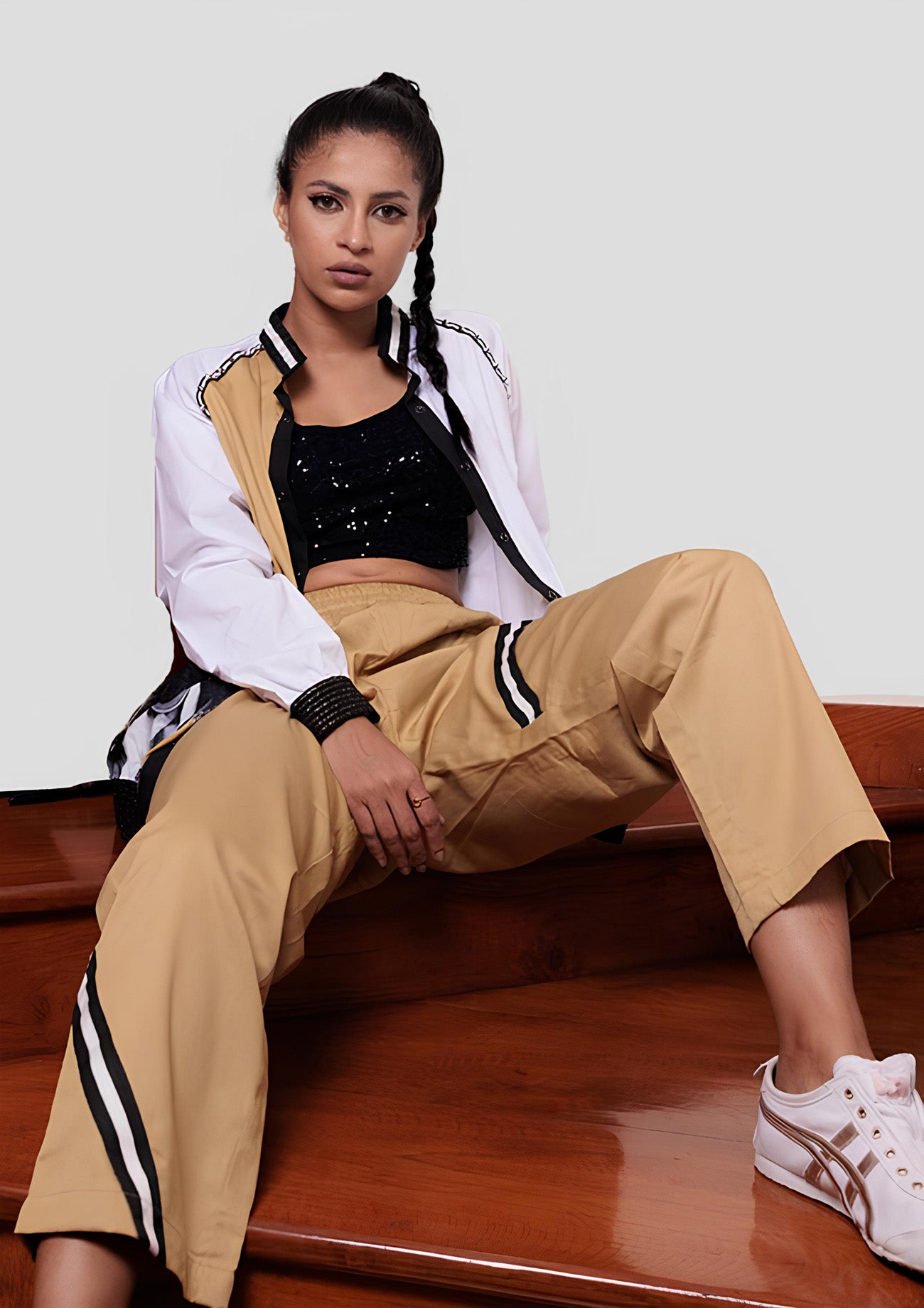 Beige Bomber Jacket with Contrast Sleeves