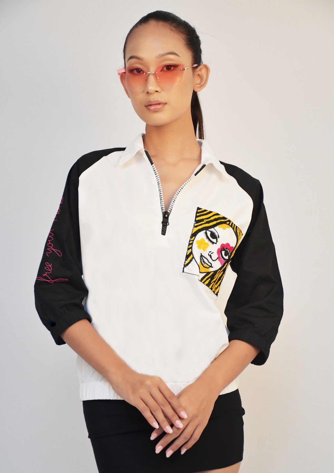 White bomber with contrast Sleeves and Embroidery