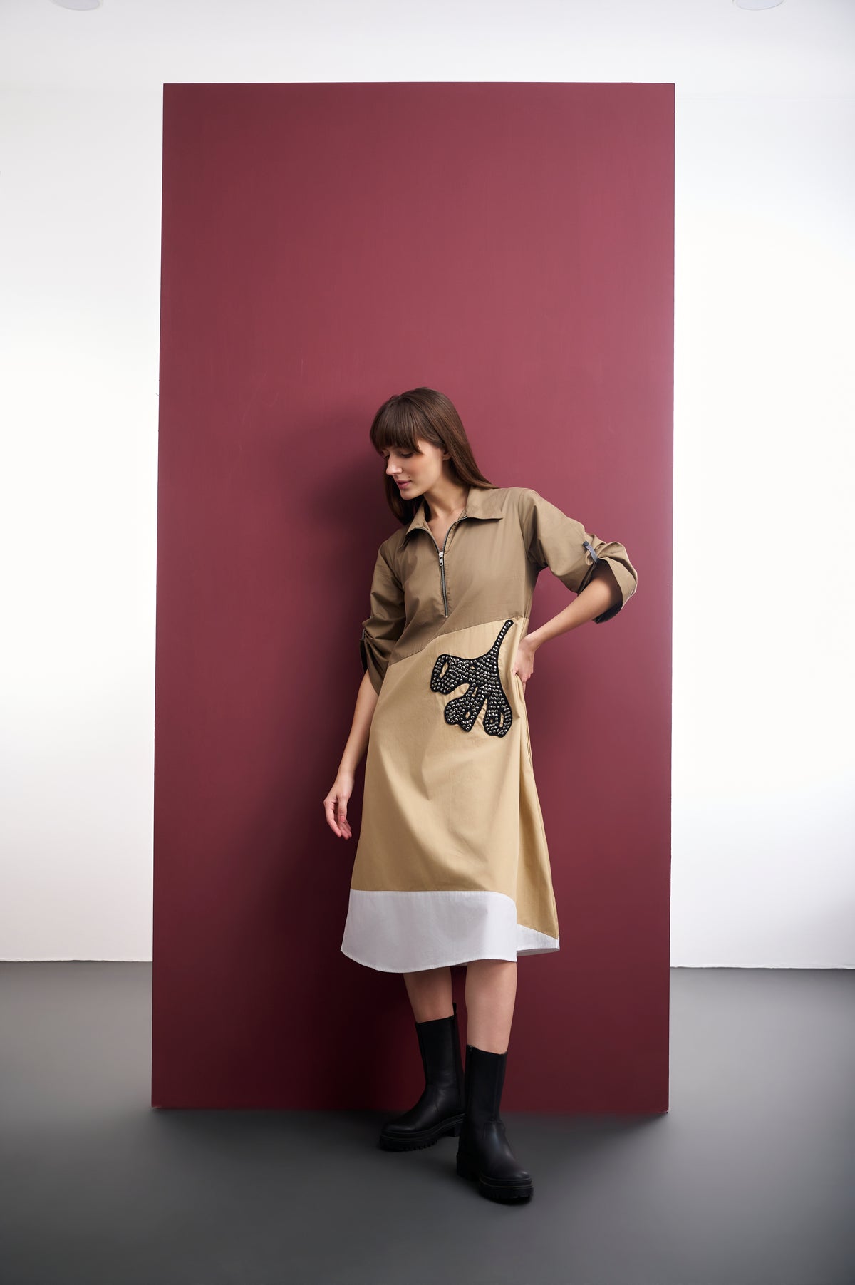 COLORBLOCK COTTON A-LINE MIDI DRESS