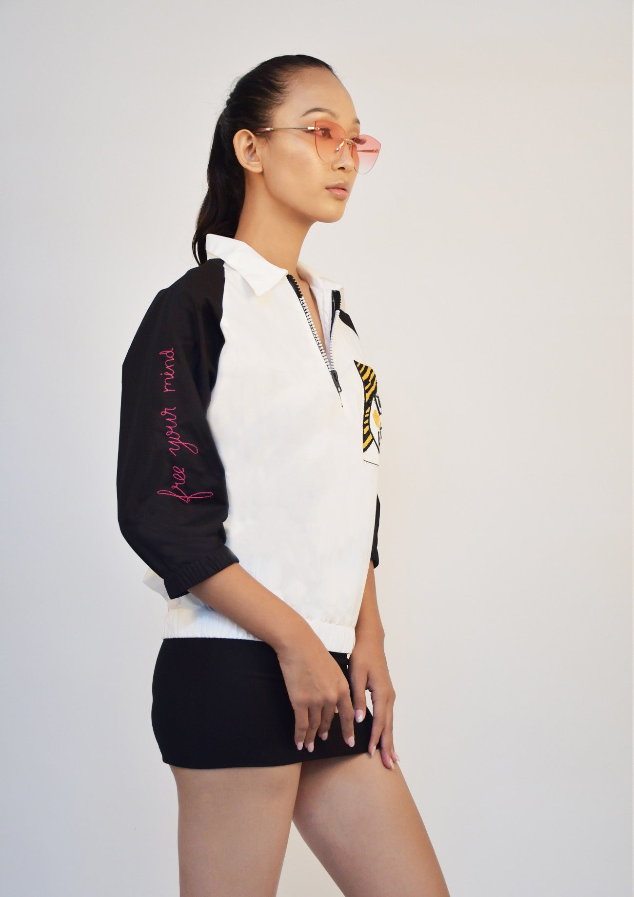 White bomber with contrast Sleeves and Embroidery