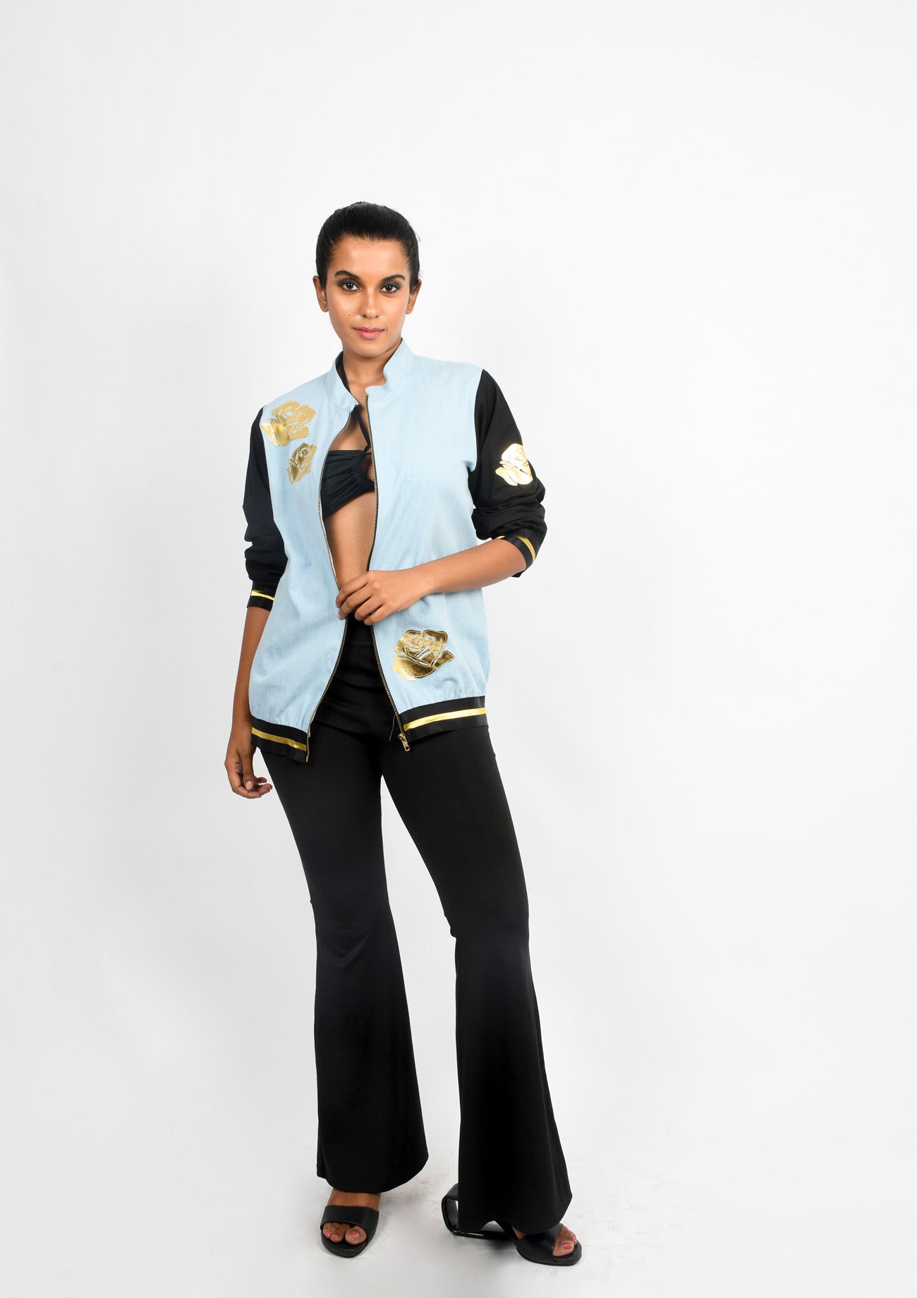 Ice Denim Bomber with Contrast Sleeves