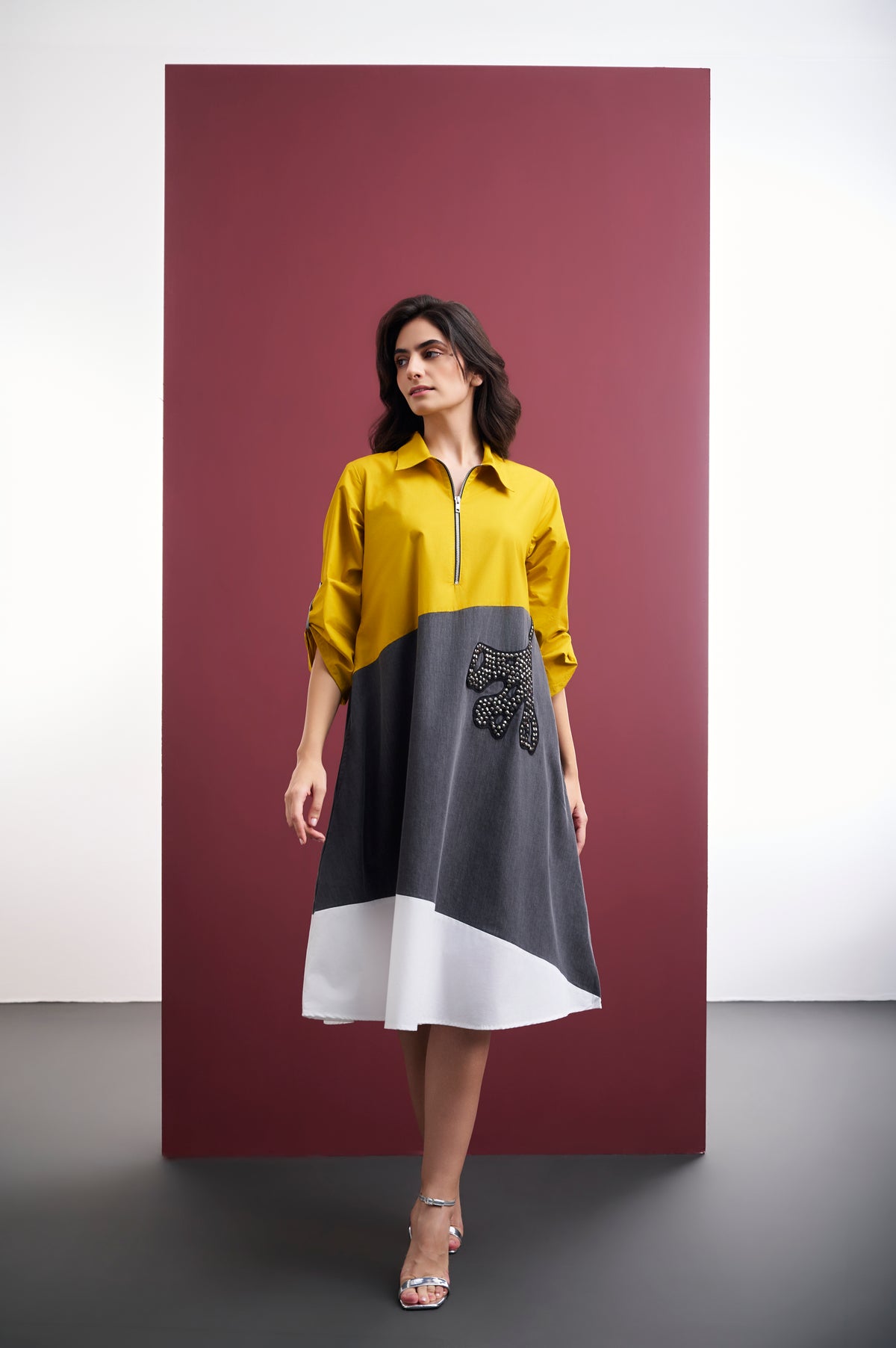 MUSTARD & GREY DENIM COLORBLOCK MIDI DRESS