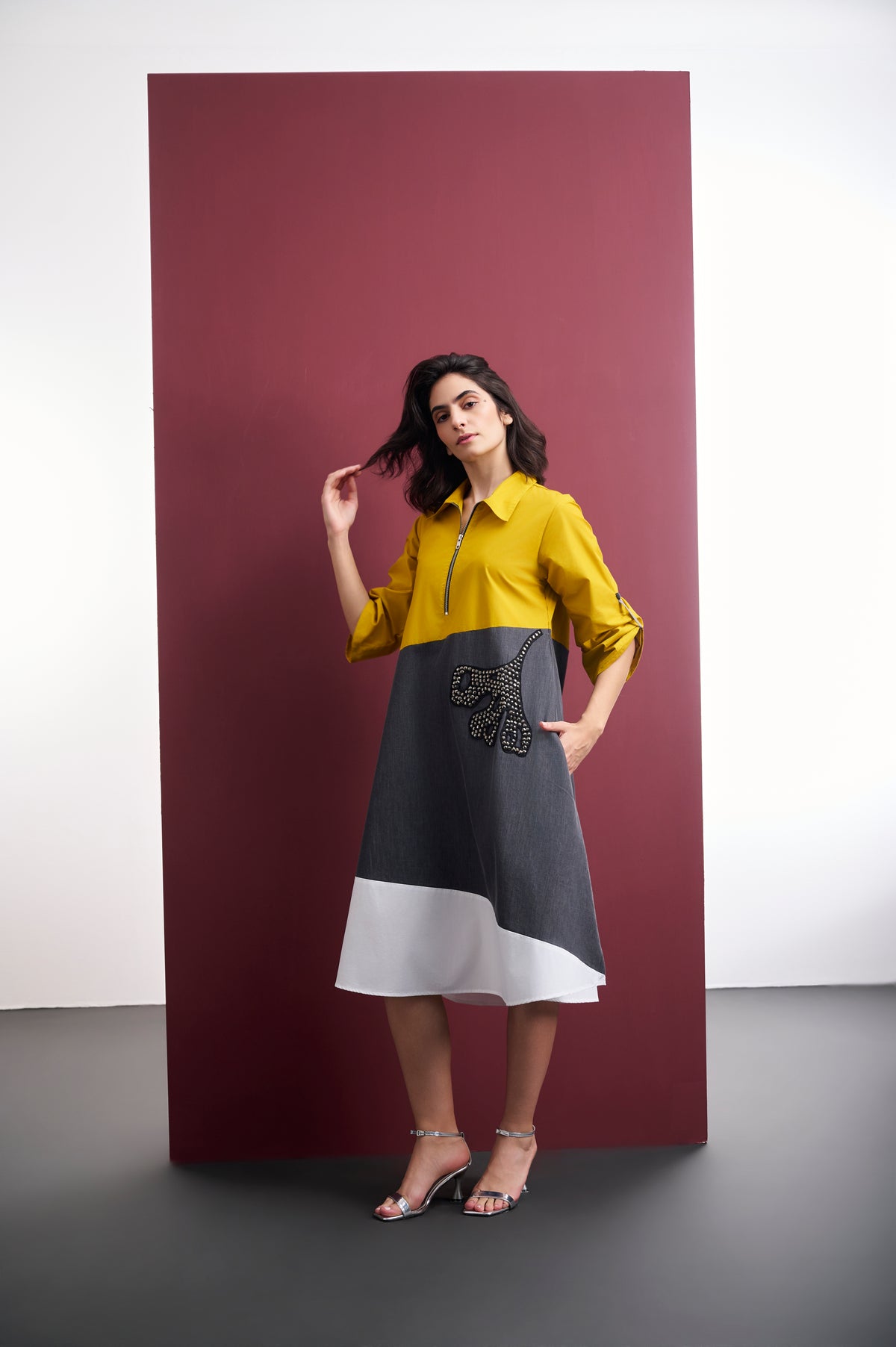 MUSTARD & GREY DENIM COLORBLOCK MIDI DRESS