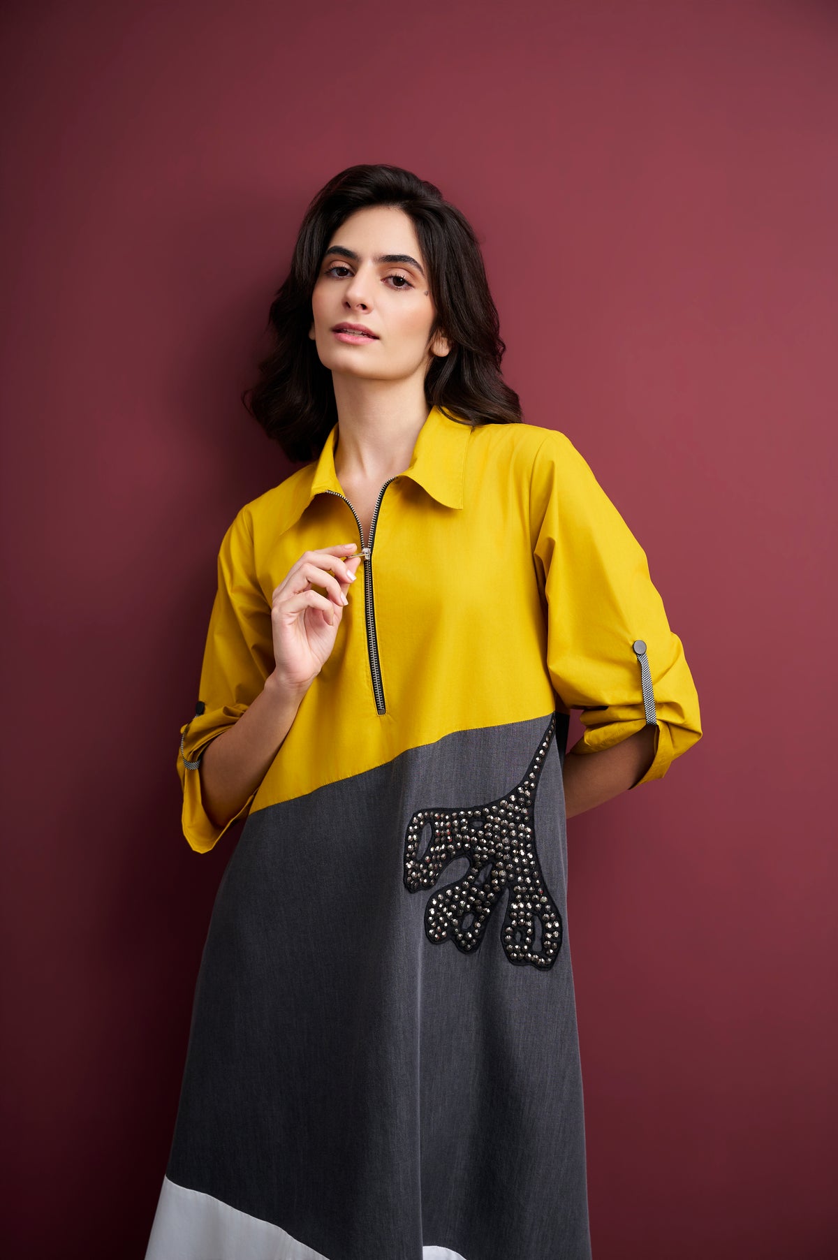 MUSTARD & GREY DENIM COLORBLOCK MIDI DRESS