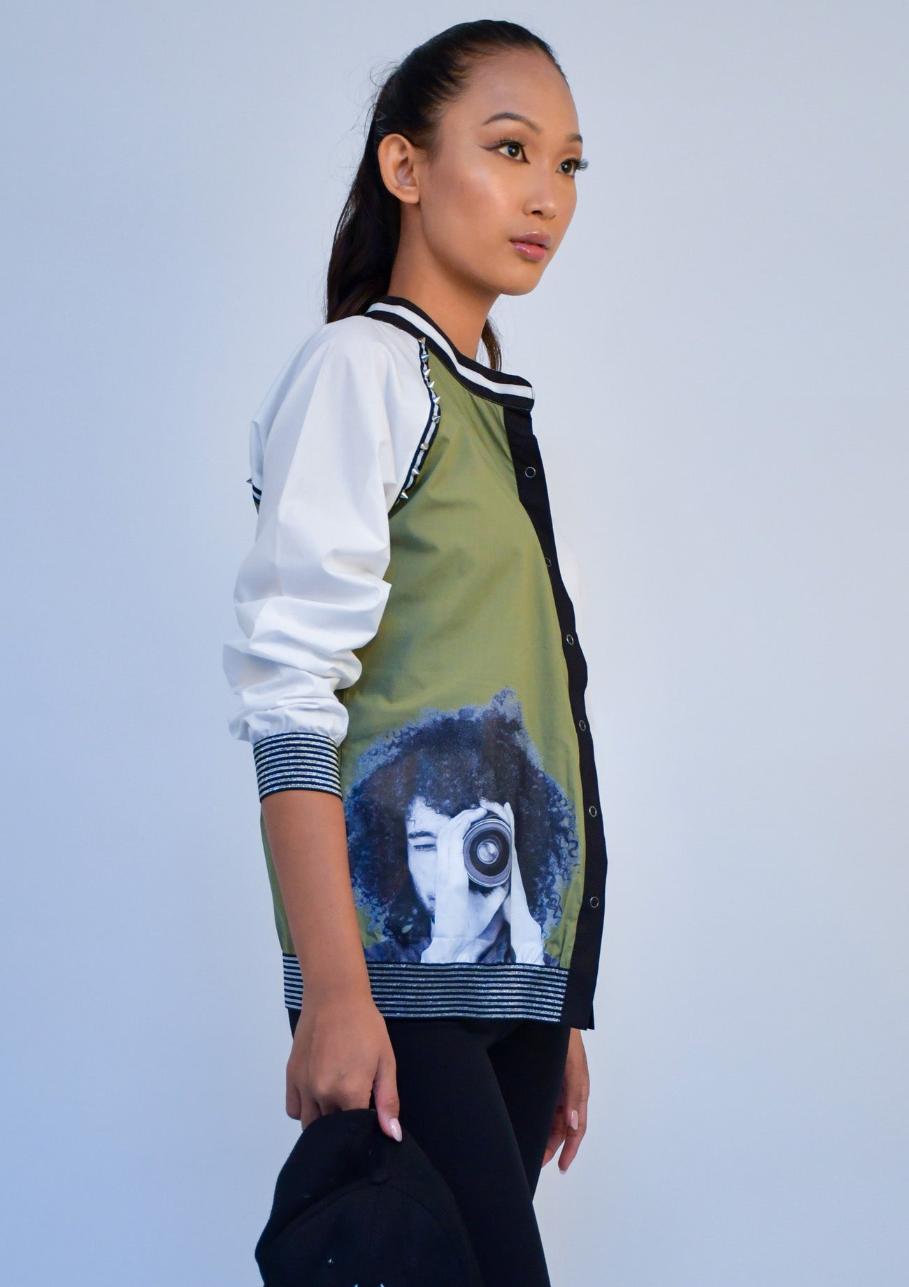 Olive, White & Black Cotton Bomber Top