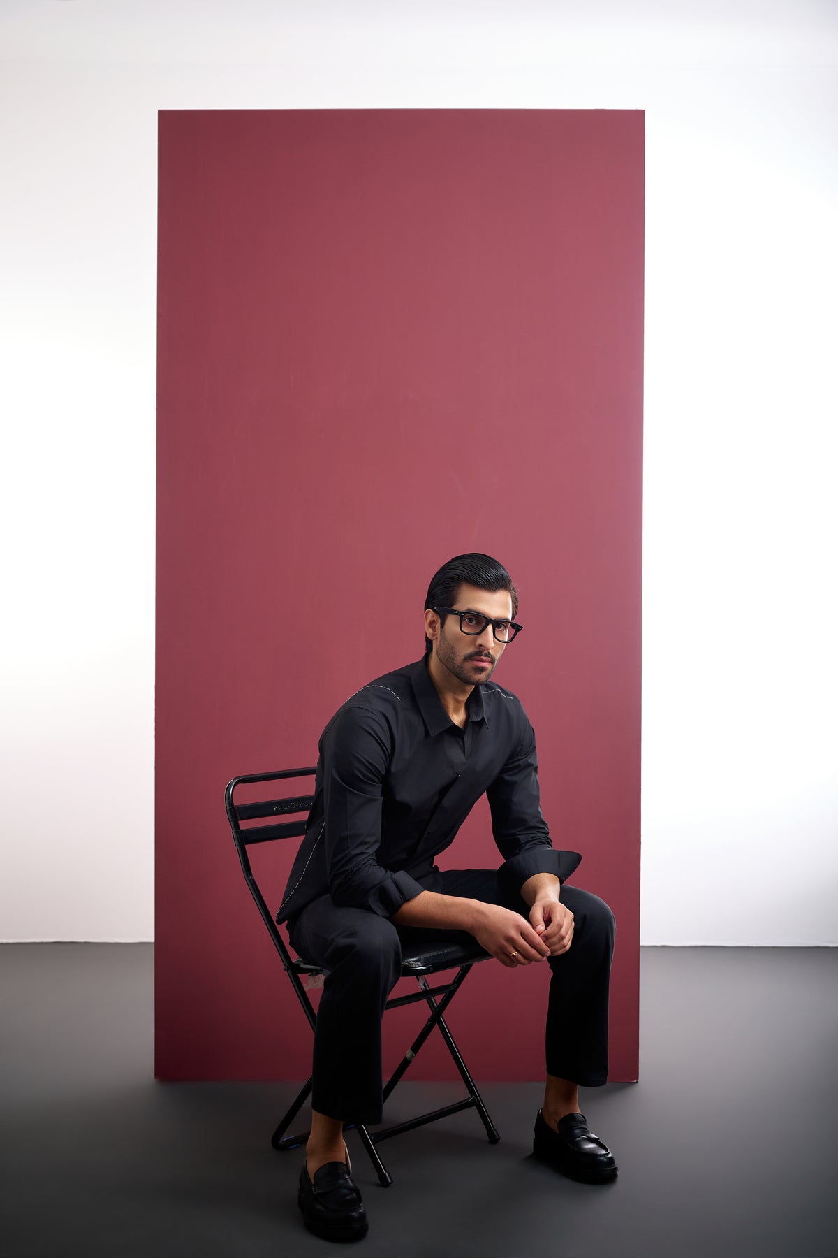 BLACK COTTON SHIRT WITH WHITE CONTRAST STITCHING