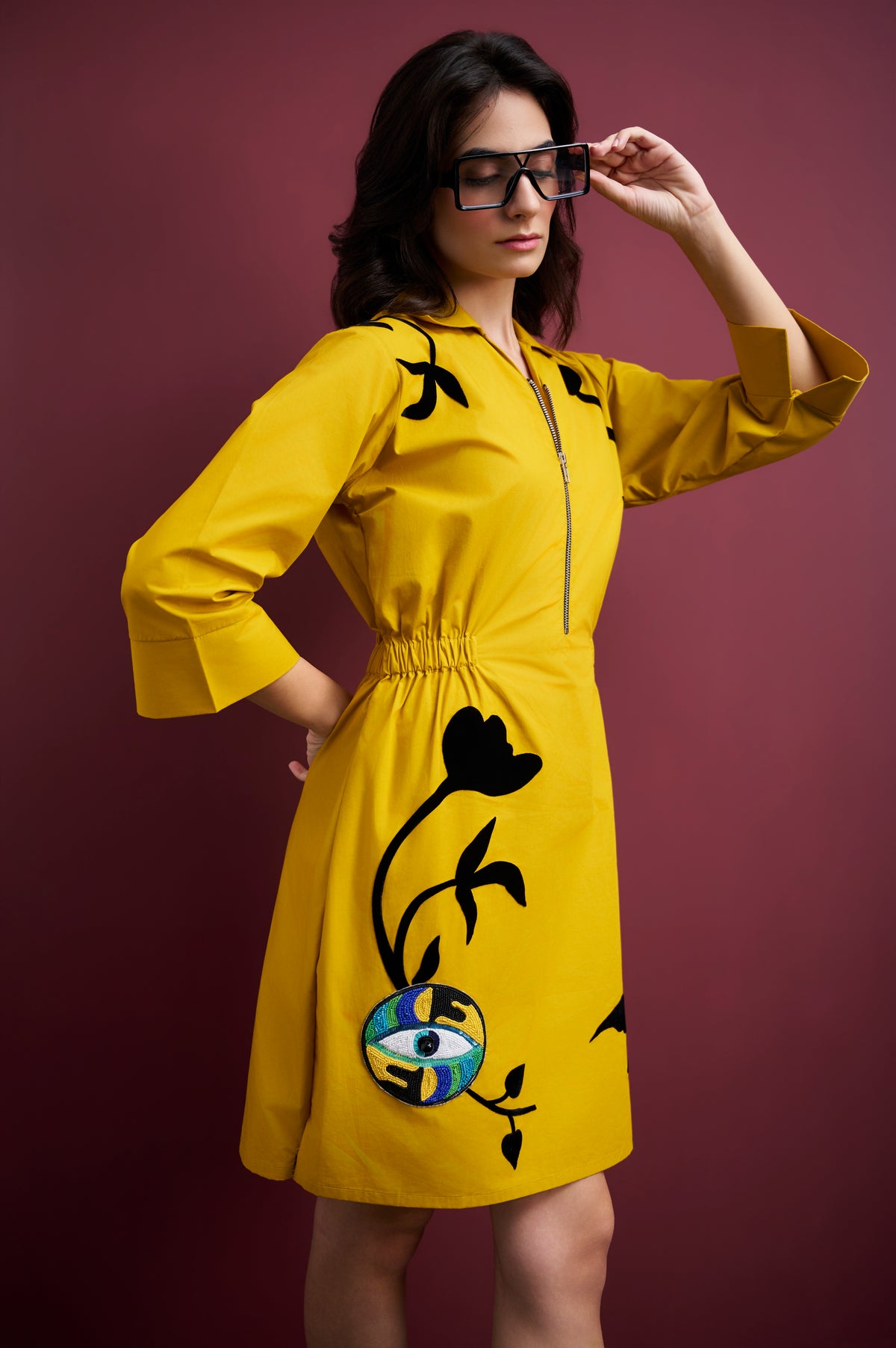 MUSTARD COTTON DRESS WITH VELVET IVY & BEADED EVIL EYE