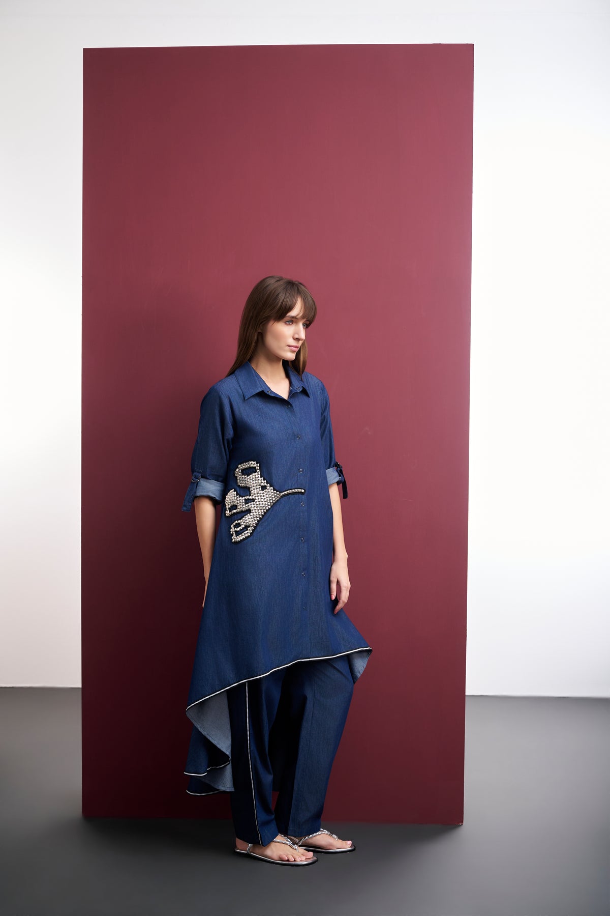 BLUE DENIM HIGH-LOW CO-ORD SET WITH STUDDED LEAF MOTIF
