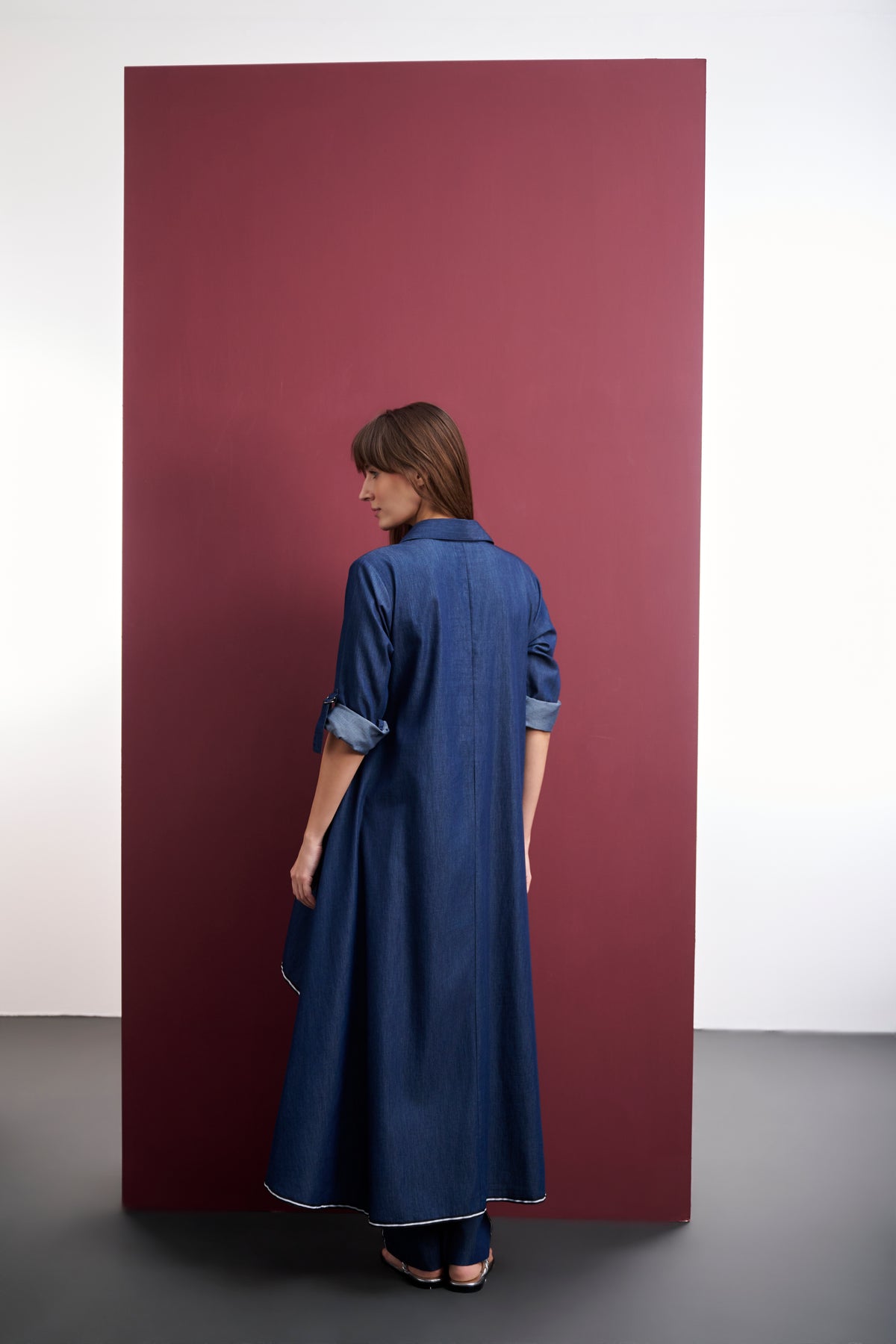 BLUE DENIM HIGH-LOW CO-ORD SET WITH STUDDED LEAF MOTIF