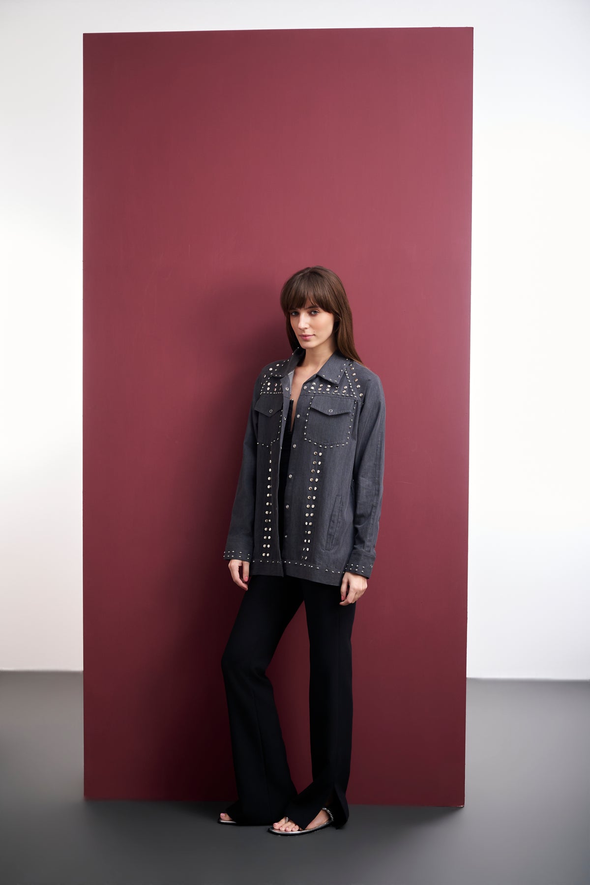 GREY DENIM STUDDED UTILITY SHACKET WITH FINE EMBROIDERY