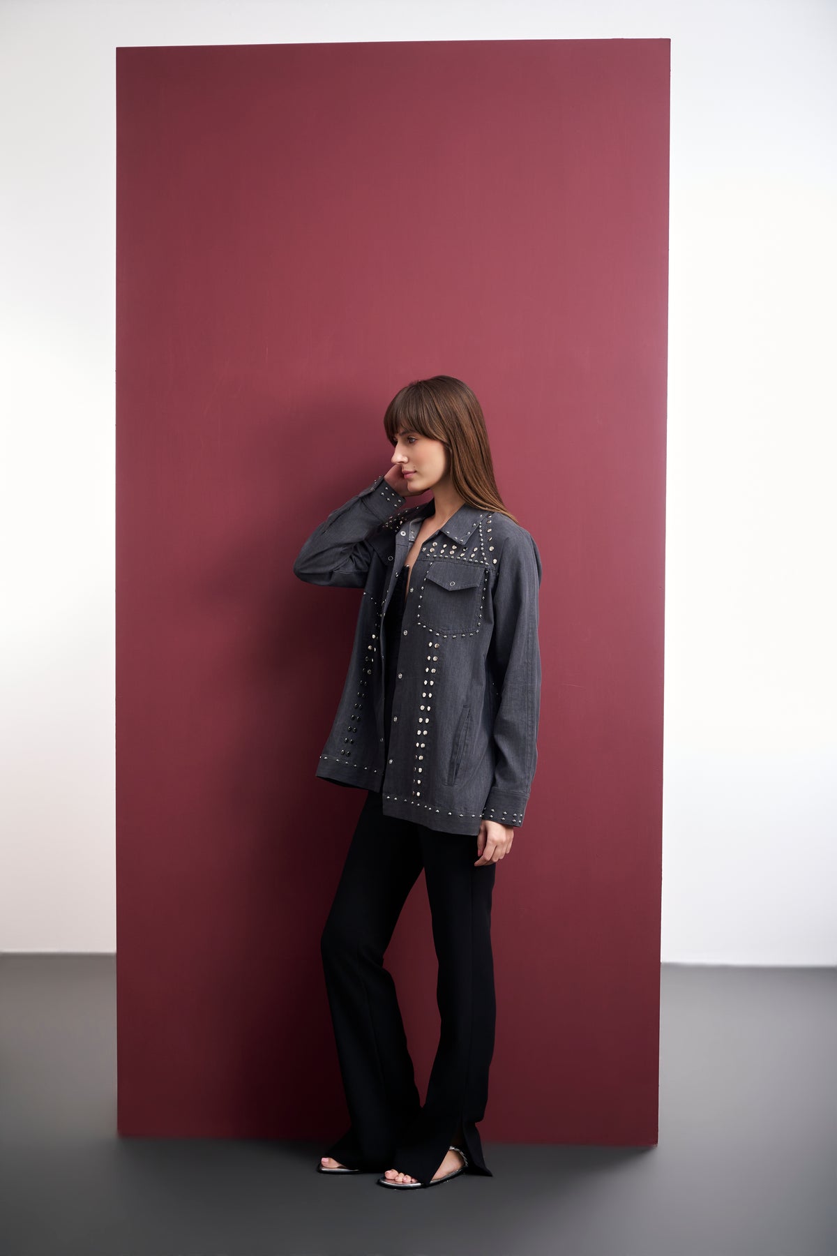 GREY DENIM STUDDED UTILITY SHACKET WITH FINE EMBROIDERY